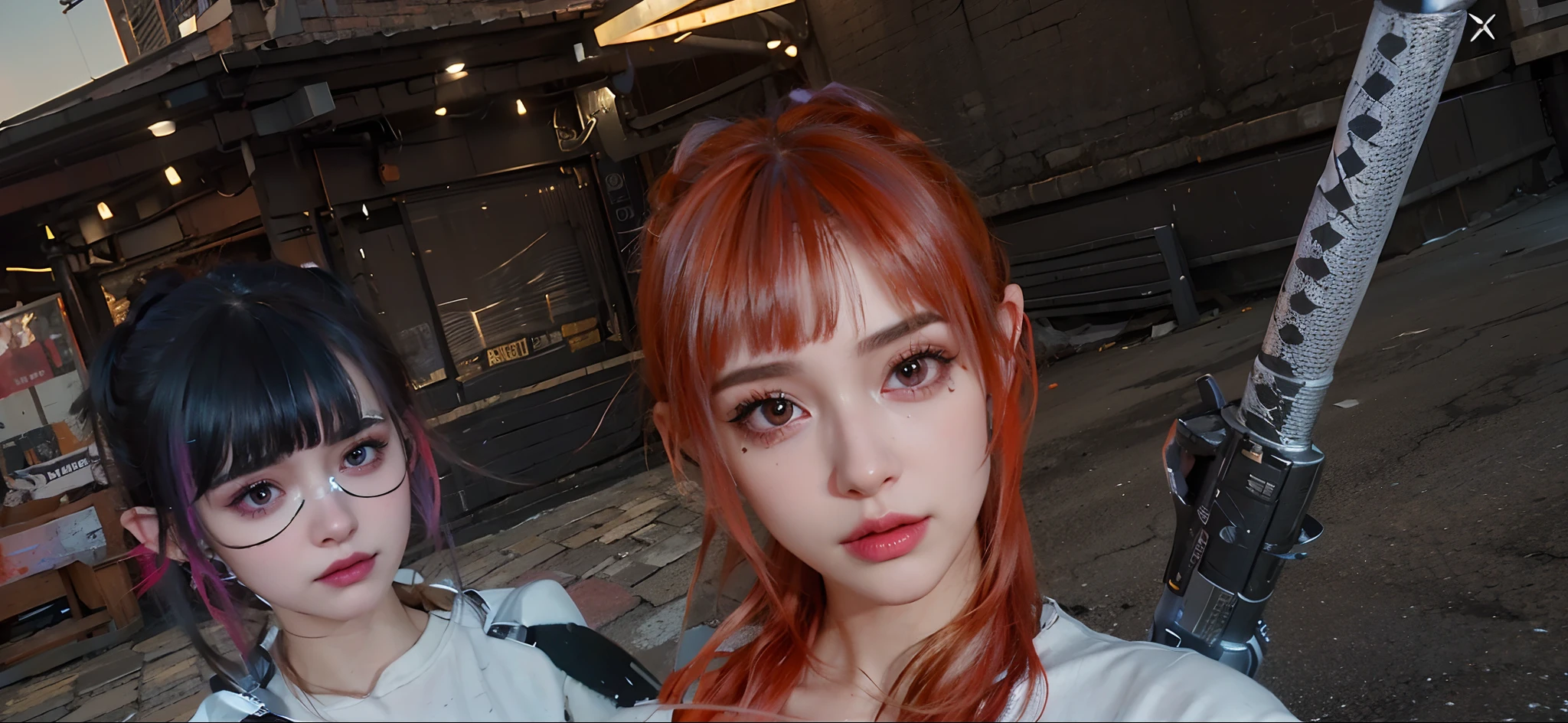 there is a woman with a gun in a street, unreal engine : : rave makeup, with very highly detailed face, makeup. unreal engine, close up character, unreal 5. rpg portrait, ultra detailed content : face, 8k highly detailed face, detailed photo of virtual world, character close up, beautiful screenshot, 8 k character details, 8k portrait render