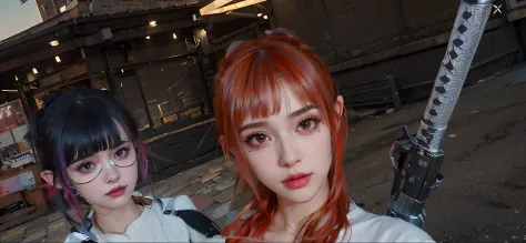 there is a woman with a gun in a street, unreal engine : : rave makeup, with very highly detailed face, makeup. unreal engine, close up character, unreal 5. rpg portrait, ultra detailed content : face, 8k highly detailed face, detailed photo of virtual wor...