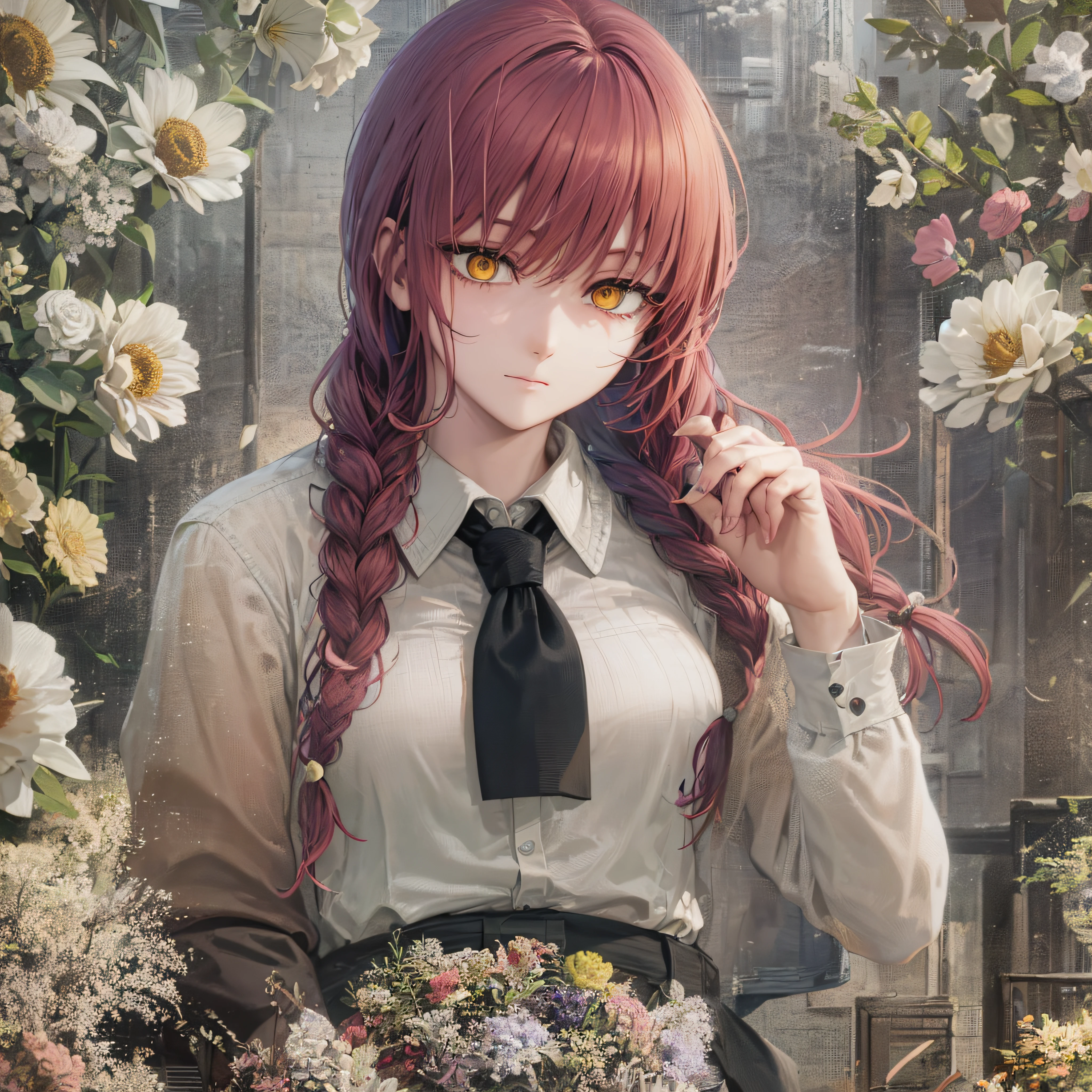 Makima、hight resolution, best pictures,, super precision、[3D images:1.35]、High quality anime、red hairs、yellow  eyes、springtime、Beautiful flower garden、A lot of colorful flowers、Black jacket、white  shirt、Black business tie、the wind、Black pants、Braids、