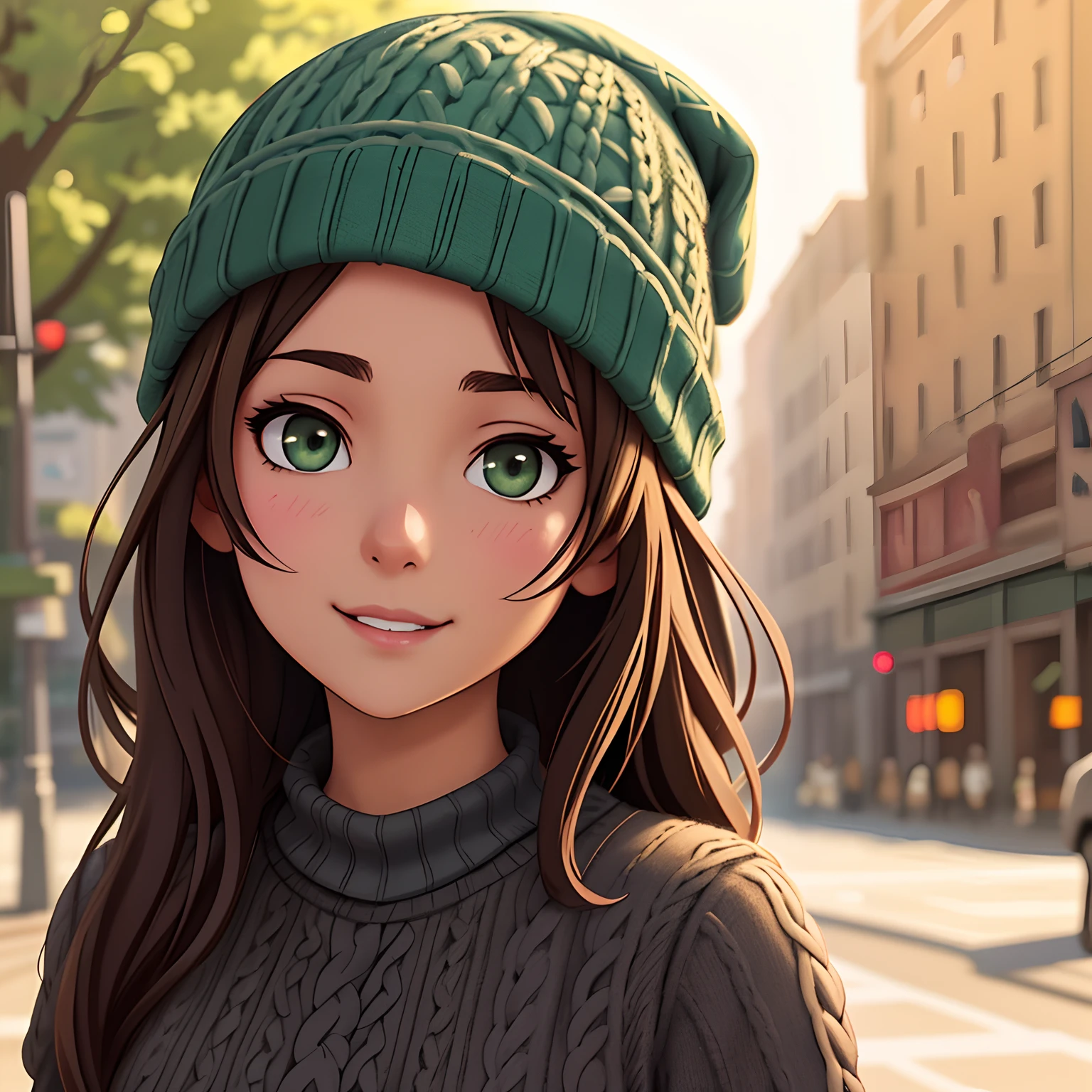a beautiful girl of twenty years old, with green eyes, brown hair of model appearance, smiling, looking at the viewer, standing on the street in a sweater and a knitted hat, spring, contour light, epic realism, contour light, epic realism contour light, hdr,epic realism, (anime), (illustration), cartoon, detailed, illustration, cartoon, soothing tones, calm colors, art by greg rutkowski and artgerm, soft cinematic light, adobe lightroom, photolab, hdr, intricate, highly detailed, ((((depth of field))))