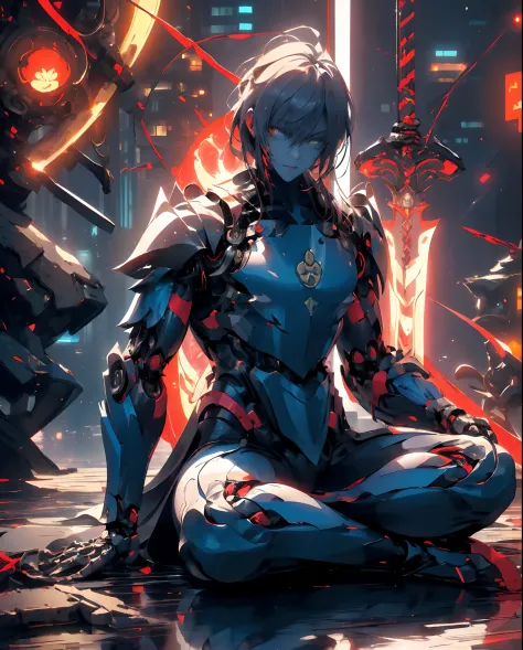 a person sitting in a lotus position with two swords in their hands, mystic ninja, trending on artstation.', very beautiful cyberpunk samurai, andreas rocha style, [ trending on cgsociety ]!!, best of artstation, shinobi, clothed in stealth armor, ultra de...