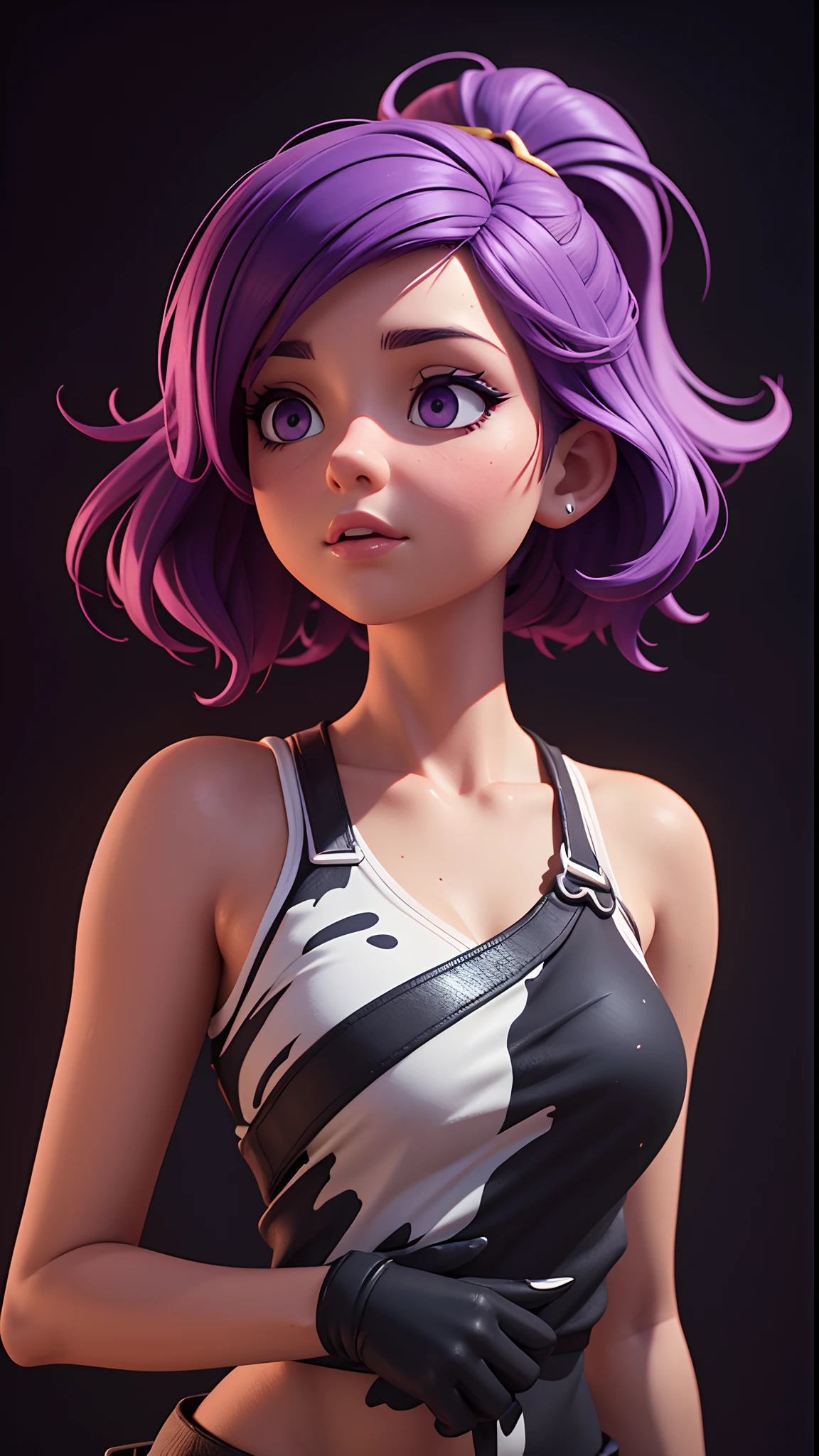 专业3d模型一个美丽的女孩被五颜六色的油漆包围, 紫色头发, 液体波, 分层风格, 柔和弯曲, 黑色背景, 完美脸蛋 . 辛烷值渲染, 非常详细, 体积, 戏剧灯光