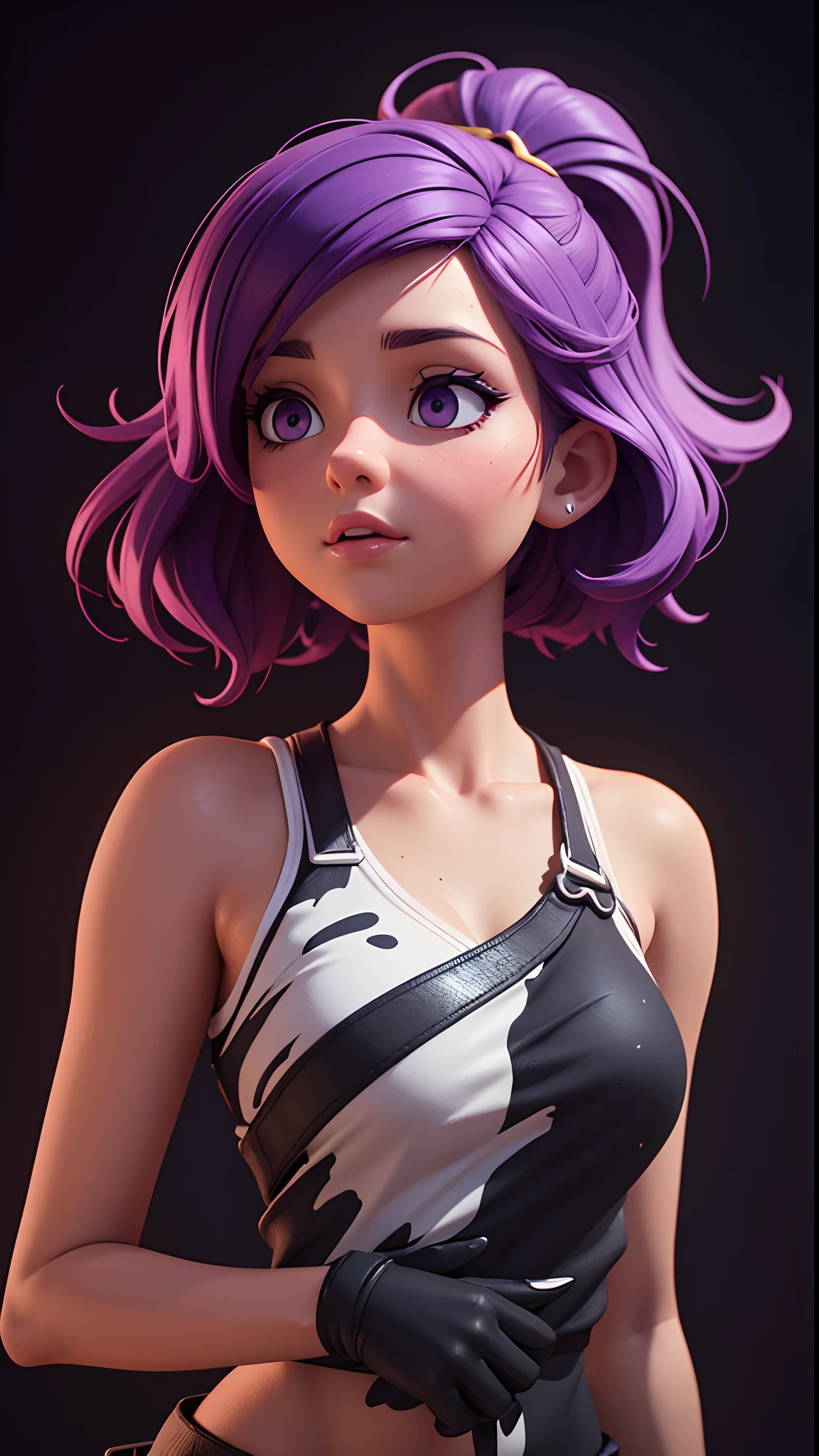 modèle 3d professionnel Une belle fille est entourée de peinture colorée, cheveux violets, vague liquide, Style superposé, courbe douce, fond noir, visage parfait . rendu d&#39;octane, très détaillé, volumétrique, Éclairage dramatique