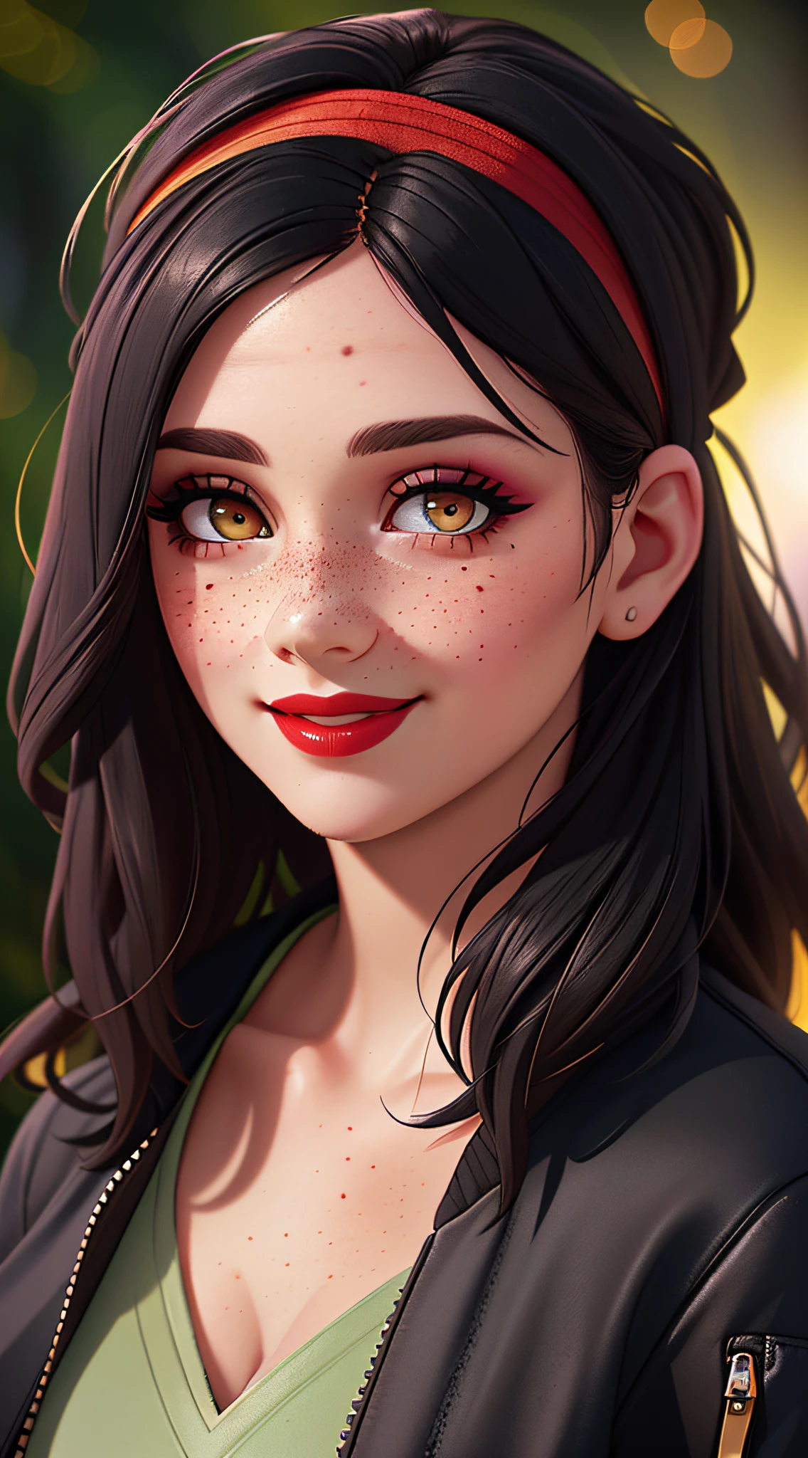 Photo of (sharp focus:1.2), attractive young woman, (beautiful face:1.1), detailed eyes, red lips, (eyeshadow:1.2), (winged eyeliner:1.2), (subtle smile:1.35), body freckles, (medium breasts:1.0), (toned body:1.2), (black hair:1.2), wearing (headband, open jacket:1.2) at (club:1.2). (dreamy lighting:1.2), depth of field, bokeh, 4K, HDR. by (James C. Christensen:1.2|Jeremy Lipking:1.1).