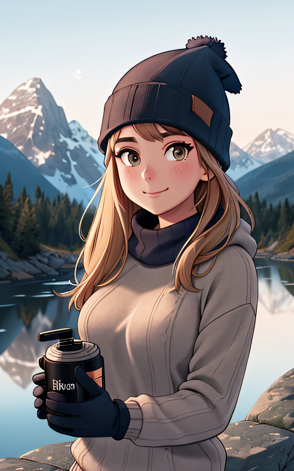 photorealistic, best quality, hyper detailed, beautiful woman, selfie photo, upper body, solo, wearing pullover, outdoors, (night), mountains, real life nature, stars, moon, (cheerful, happy), sleeping bag, gloves, sweater, beanie, flashlight, forest, rocks, river, wood, smoke, fog, clear sky, analog style, looking at viewer, skin texture, film grain, close up, ultra high res, best shadow, RAW, instagram LUT