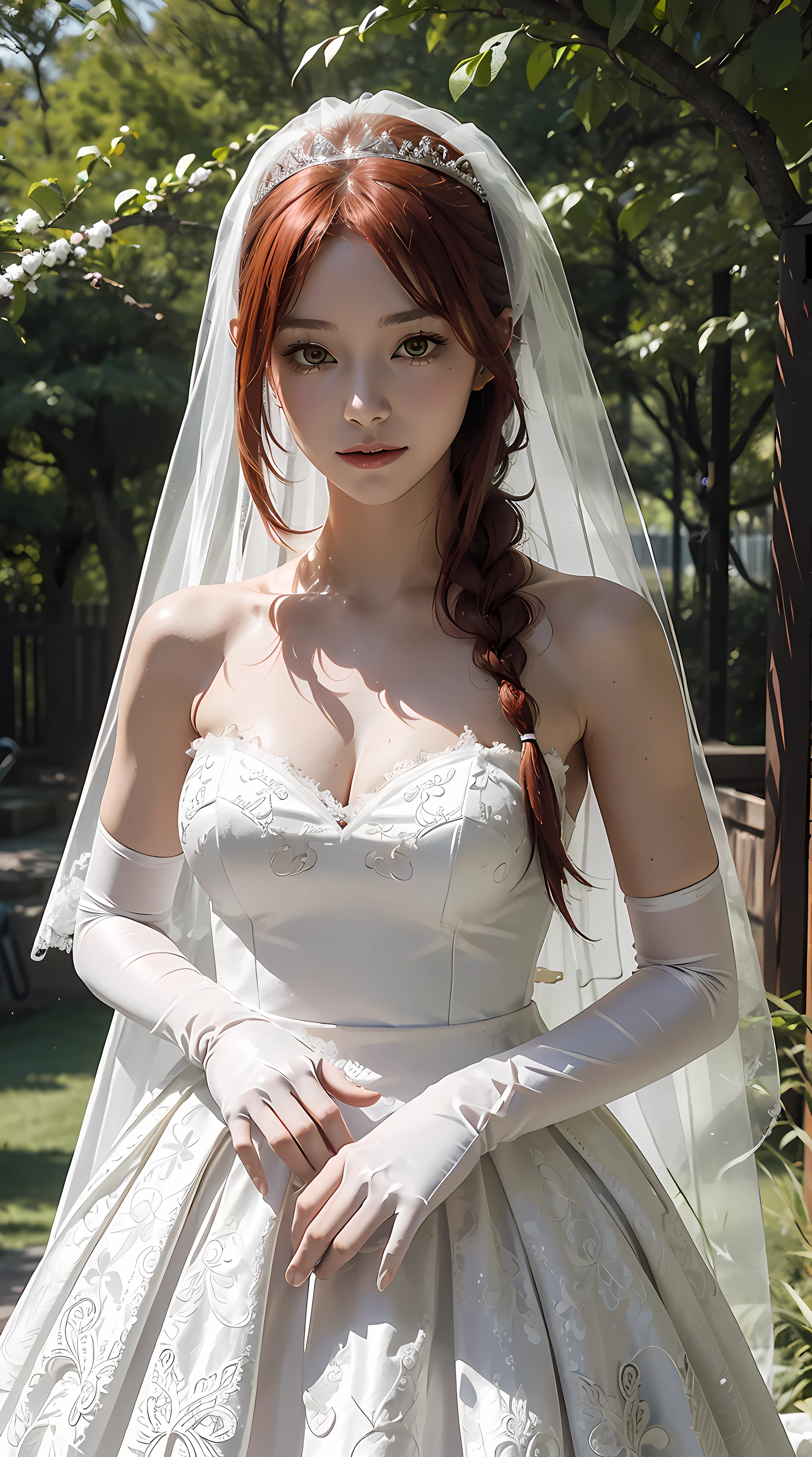 makima \(chainsaw man\), red hair, braided hair, yellow eyes, gloves, dress, cleavage, bare shoulders, collarbone, elbow gloves, white gloves, white dress, strapless, tiara, veil, strapless dress, wedding dress, bridal veil, beautiful woman, perfect body, perfect breasts, wearing a wedding dress, ball gown, being in a garden of trees, wedding decorations, looking at the viewer, a slight smile, realism, masterpiece, textured leather, super detail, high detail, high quality, quality best, 1080p, 16k