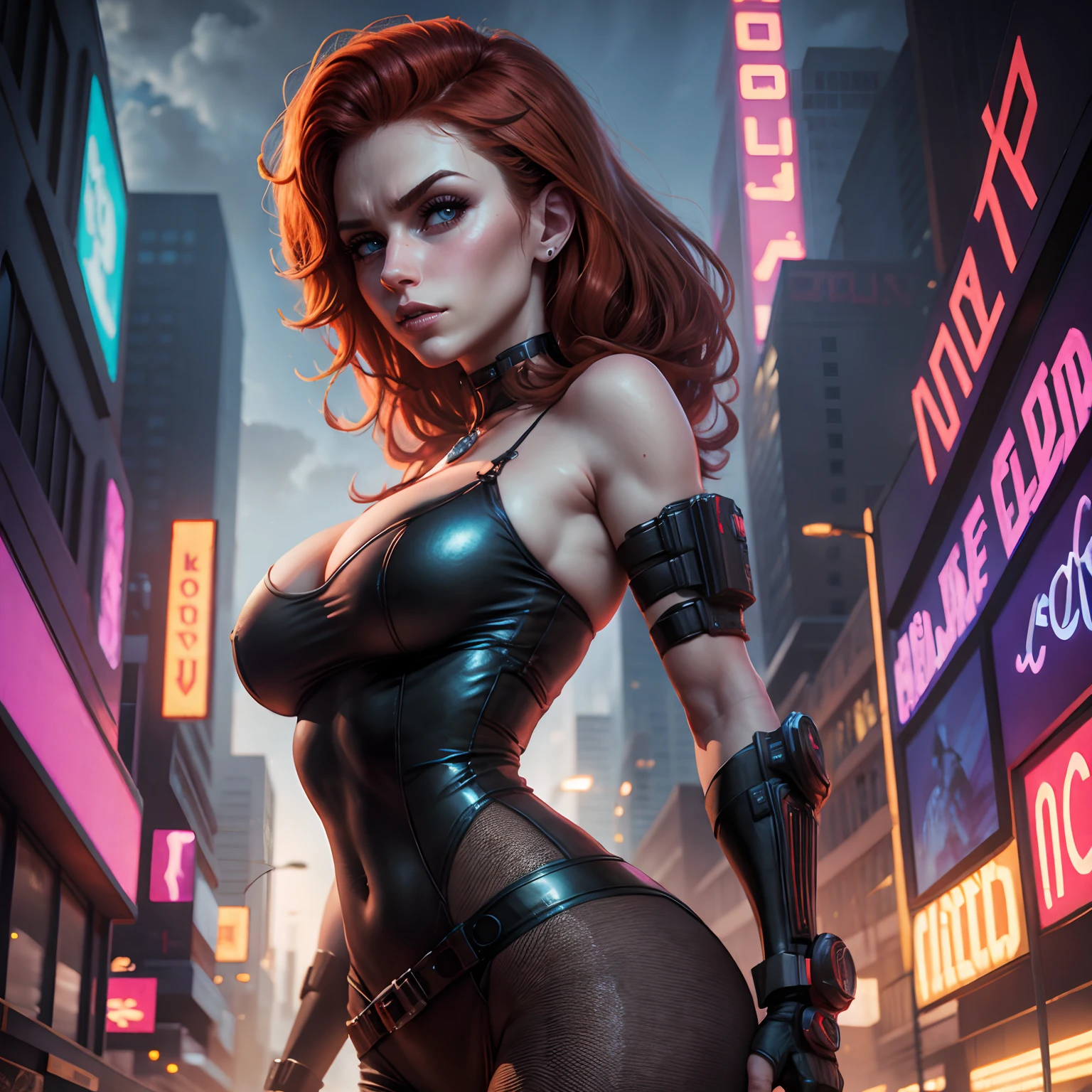 A woman in a black leather outfit holding a gun in a city - SeaArt AI