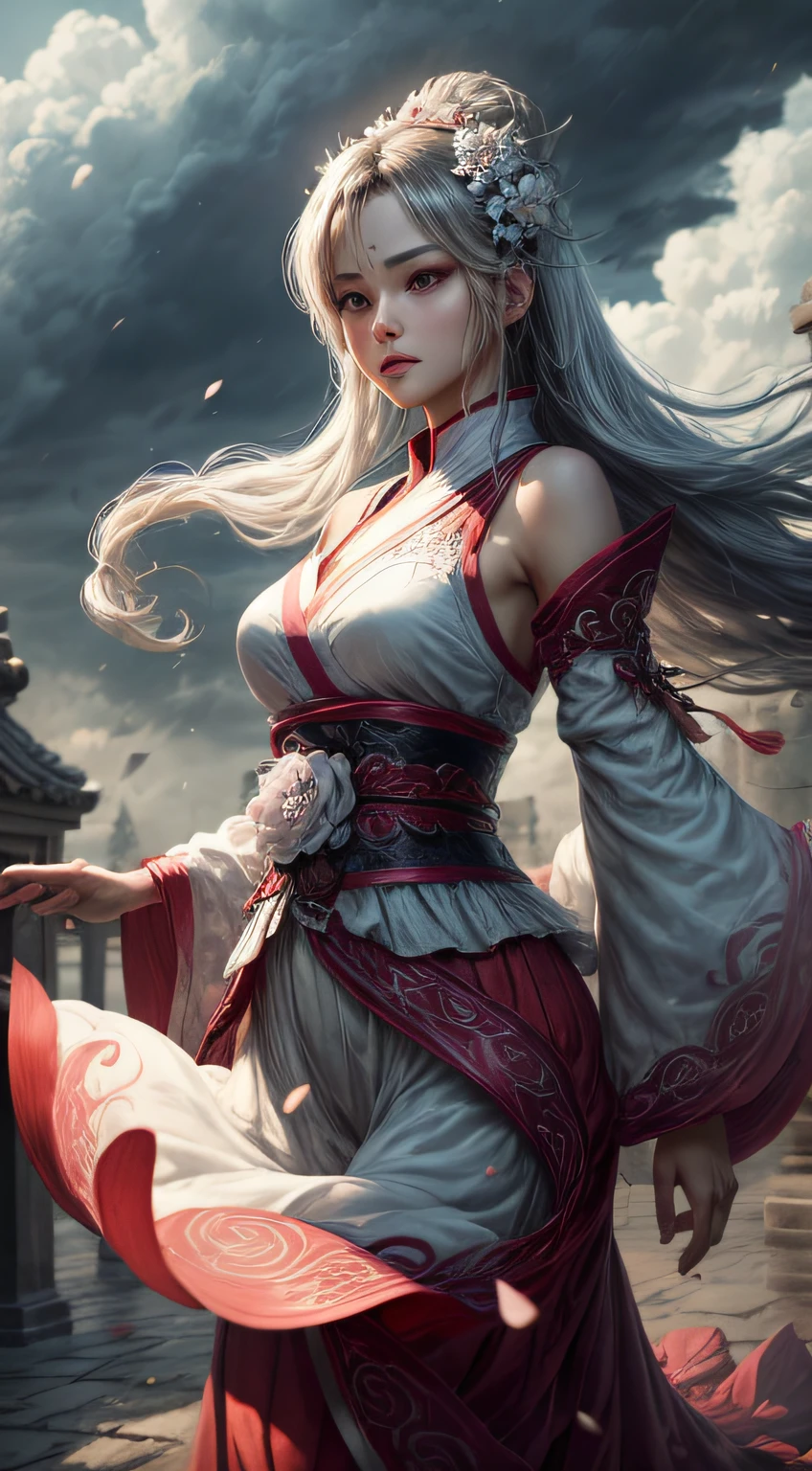 (Best Quality,4K,hight resolution,masutepiece:1.2),Ultra-detailed,Realistic, Black and white Hanfu,Black embroidery, Flowing white ponytail, Long flowing hair, White mask, Masks flutter in the wind, Fringed Hair Ornament, peony flower, Ancient style, Wide sleeves, Dynamic Pose, dramatic compositions, petals falling, red waistband, the complex background, Ancient architecture, Foggy clouds, Fairy tale background, Swirling clouds, Cinematic lighting.