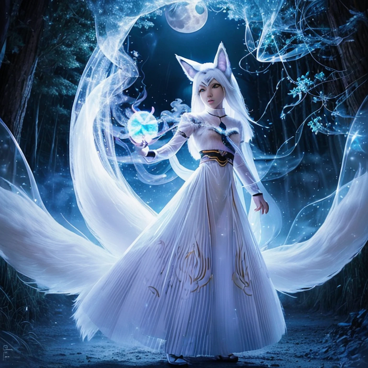 (À côté de la fille animée aux oreilles de renard à la peau blanche avant la pleine lune se trouve un énorme renard blanc à neuf queues:1.5), amour de renard fantastique, Renard aux cheveux blancs, anime renard blanc, illustration fantastique d&#39;anime,(Fond de forêt sombre，fumée bleue transparente autour:1.8), Illustration de Silverfox,meilleure qualité, partie maîtresse, ultra haute résolution, (photographie réaliste:1.4), réalisme ultraréaliste, Semblable à un rêve,art fusion, Danseur fantôme, magie de l&#39;ombre, l&#39;obscurité, furtivité, étape de l&#39;ombre, sorts d&#39;ombre,