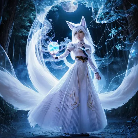 (Next to the anime girl with white-skinned fox ears before the full moon is a huge nine-tailed white fox:1.5), fantasia raposa a...