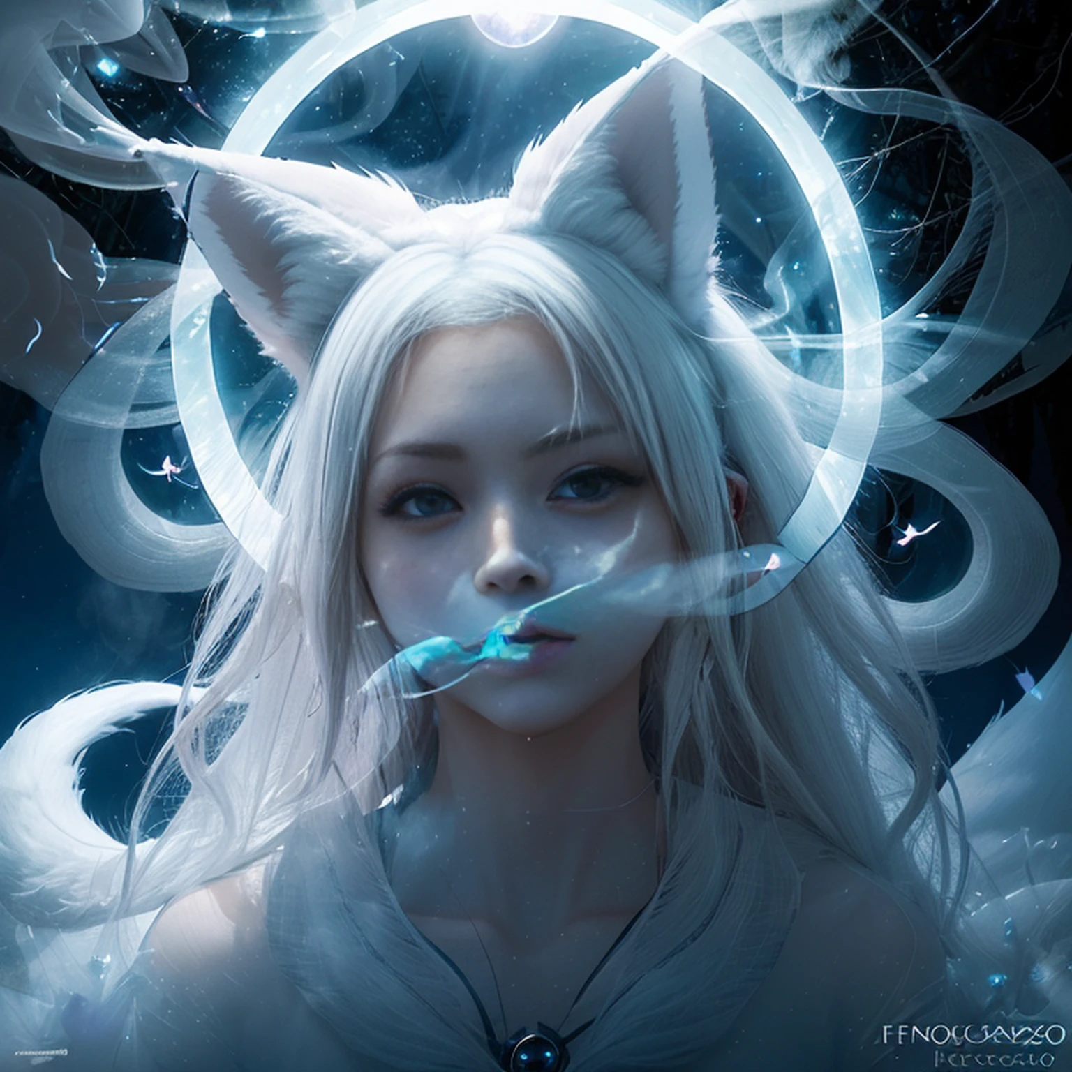 (Next to the anime girl with white-skinned fox ears before the full moon is a huge nine-tailed white fox:1.5), fantasia raposa amor, Raposa de cabelos brancos, anime raposa branca, anime fantasy illustration,(Fundo escuro da floresta，blue transparent smoke around:1.8), Arte de Silverfox,melhor qualidade, master part, ultrahigh-resolution, (fotografia realista:1.4), realismo ultrarrealista, Semelhante a um sonho,FusionArt, Shadow dancer, magia das sombras, darkeness, furtividade, passo da sombra, Umbral spells,