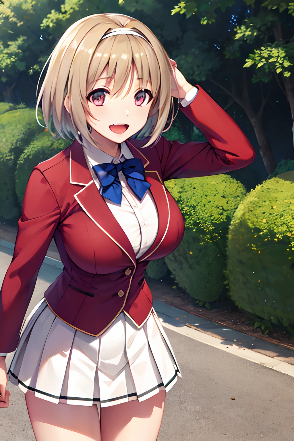 Big tits, masterpiece, best quality, highres, aakikyo, short hair, hair intakes, white hairband, blue bowtie, collared shirt, blazer, red jacket, long sleeves, white skirt, pleated skirt, black socks, cowboy shot, standing, outdoors, straight-on, arms at sides, smile, open mouth,