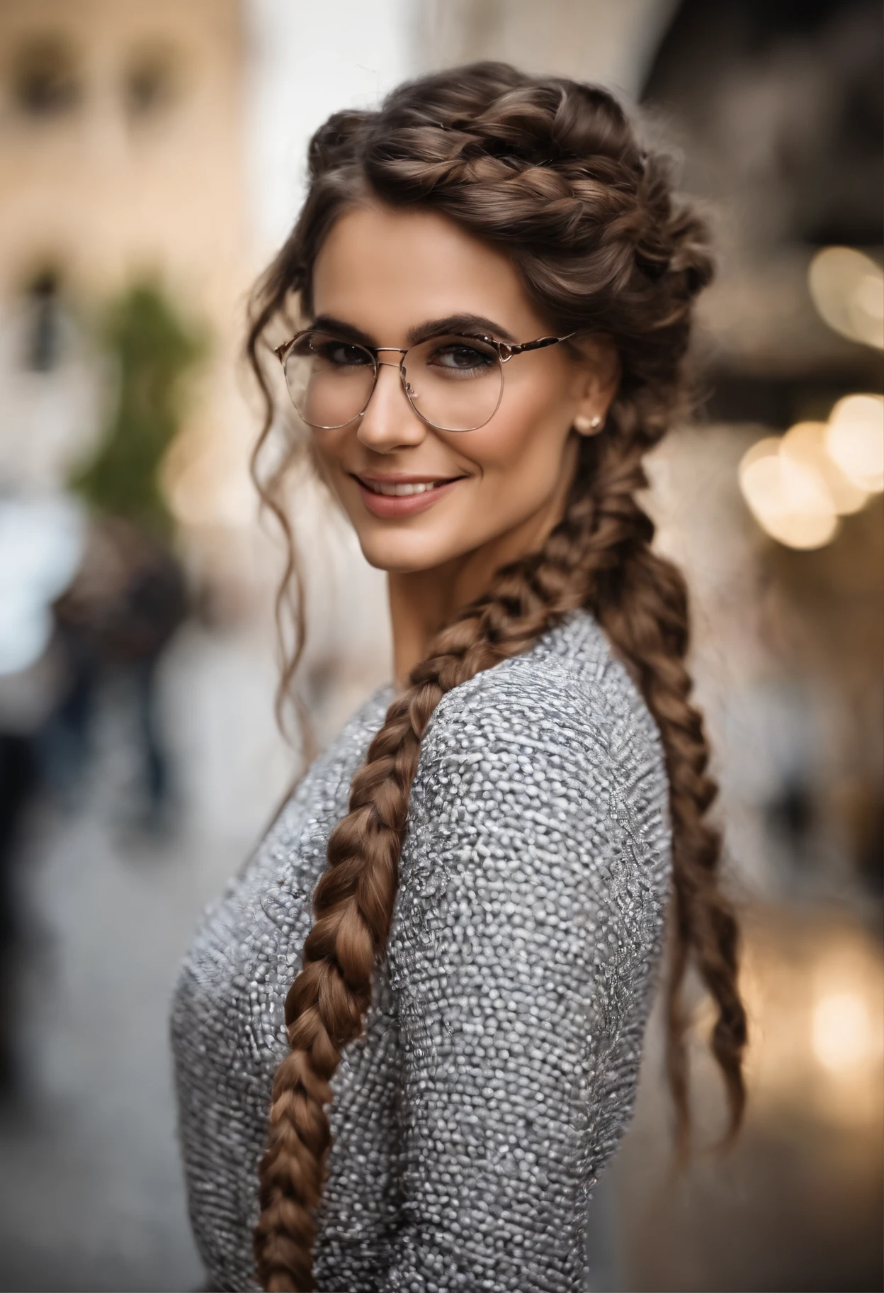 Uma foto realista na frente de uma loja de chocolates e presentes, com cafeteria, com um letreiro preto escrito Kopenhagen em dourado, com 4 pessoas, uma loira com olhos azuis, branca, with big eyelashes, sobrancelhas arqueadas, sardas fracas, with braided hair, boca mediana vermelha. Uma branca, cabelos pretos, braid, pintinhas pelo rosto, Medium Pink Mouth, sobrancelhas arqueadas, middle forehead, olhos castanhos. Uma branca, cabelo castanho escuro, pintas perto do nariz, uma no nariz, duas na boca, bochechas rosadas, olhos castanhos, Medium pink mouth, with braided hair. Uma com cabelos curtos soltos enrolados na ponta, Black Rounded Glasses, olhos castanho, branca, nariz pequeno