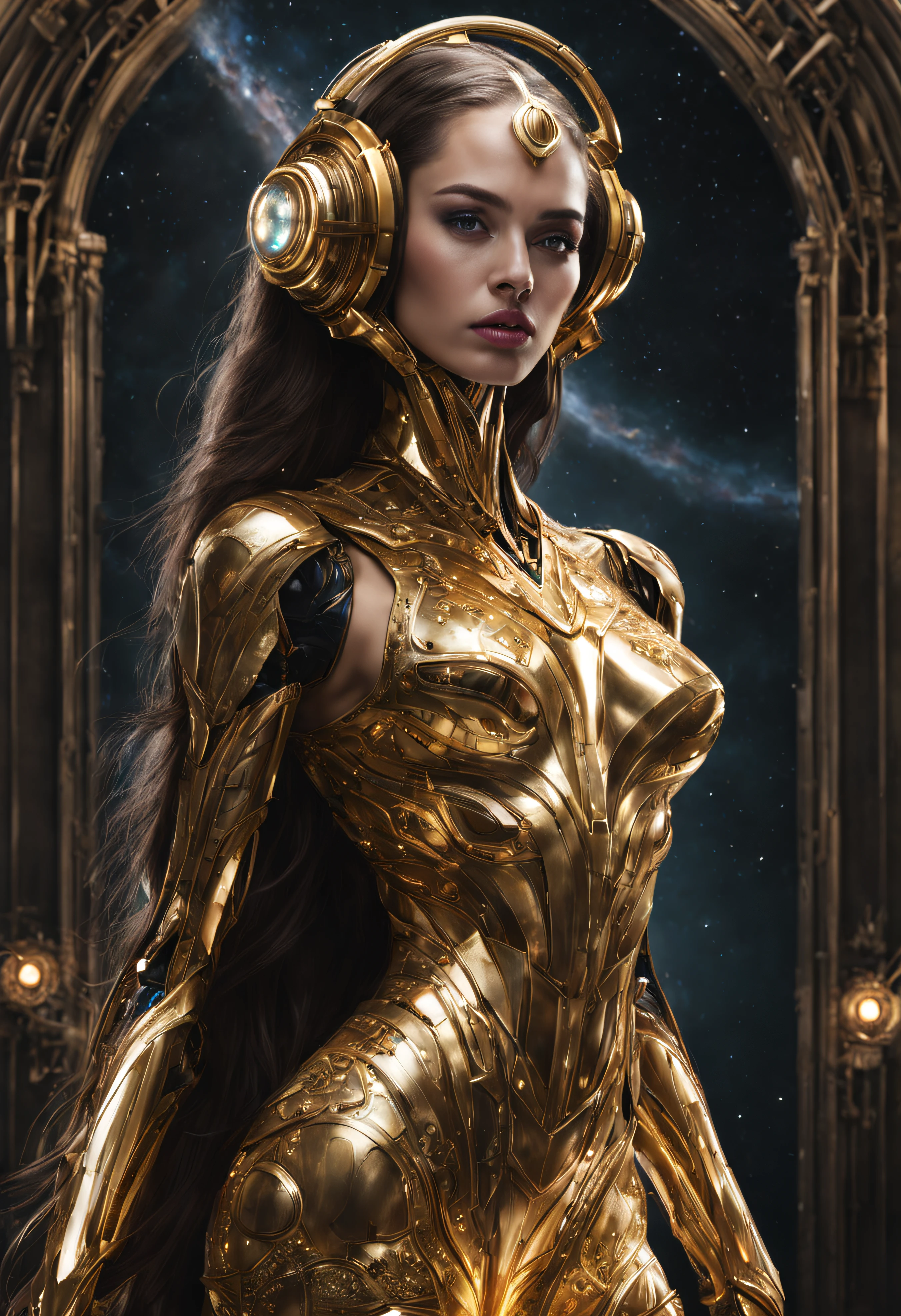 extraterrestrial alien woman, Considered one of the most beautiful races in the galaxy, with a face, sensual eyes and lips, with evening dress , inlaid with gold and diamonds, It is located in the space station control center. hyperrealistic, sharp image, 8k. cinematographic image.