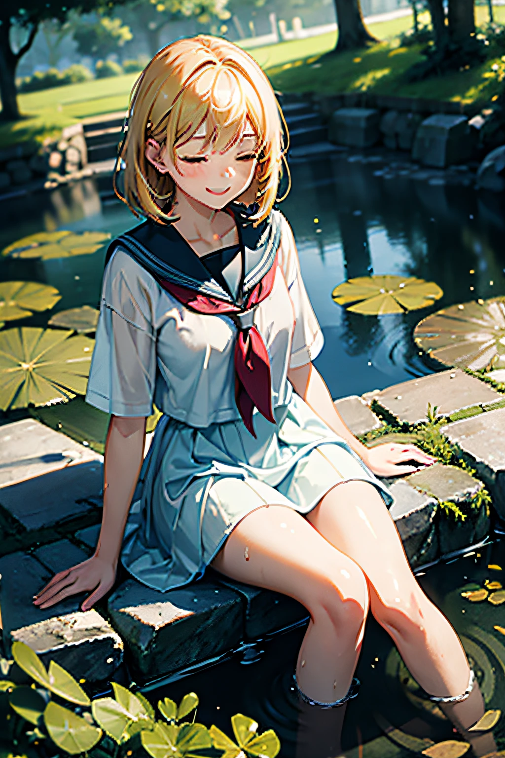 1girl, sitting, pond scenery, light beam, particles, (blurry background), dramatic lighting, wet, dappled sunlight, smile, eyes closed, from above, serafuku