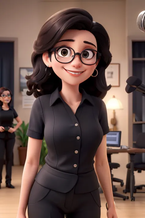 Obra-prima, de melhor qualidade, A reporter in a black blouse, cabelo longo preto, eyeglass, Holding a microphone in an open area and smiling