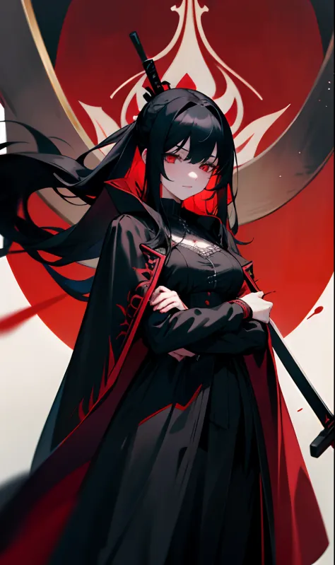 Girl with long black hair tied up, medium breasts wearing a black blouse and a red overcoat while holding two swords in her bright red eyes, blood descending and with Roman letters placed on it