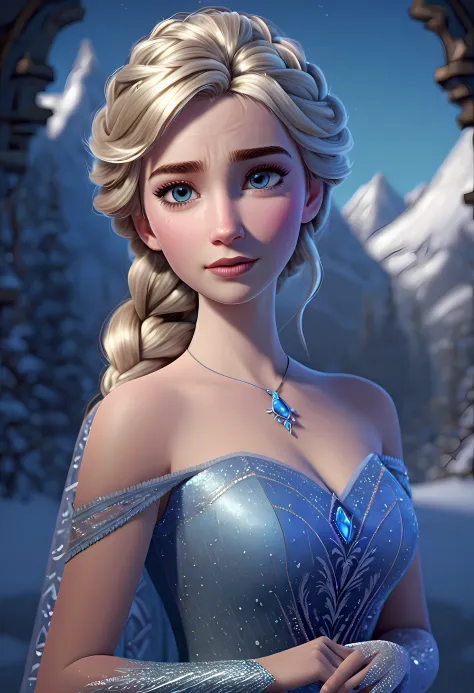 (best quality,4k,8k,highres,masterpiece:1.2),ultra-detailed,(realistic,photorealistic,photo-realistic:1.37), Pixar style:2, Elsa from "FROZEN 2", full body:2,detailed eyes and face, shimmering ice dress, magical snowflakes, snowy background, winter wonderl...