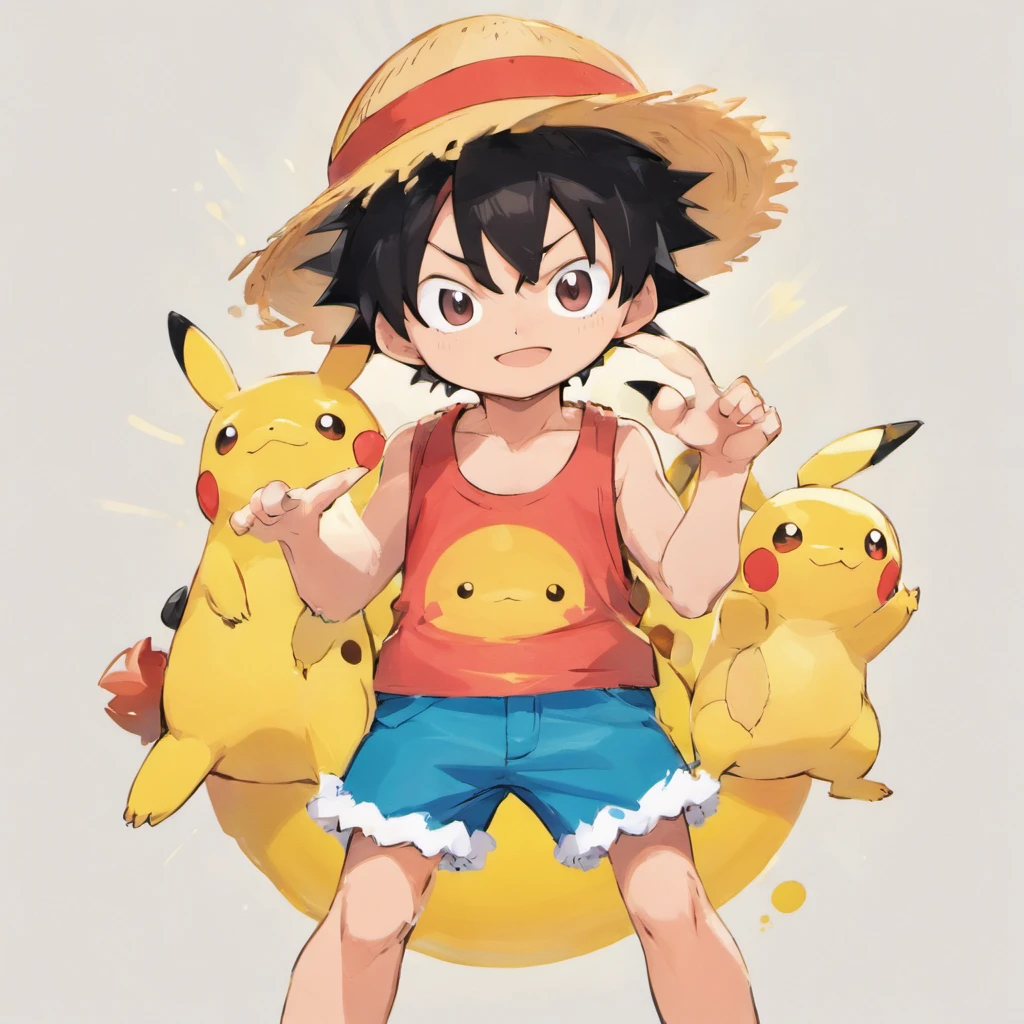 Menino de anime com chapéu de palha e um monte de pikachu - SeaArt AI