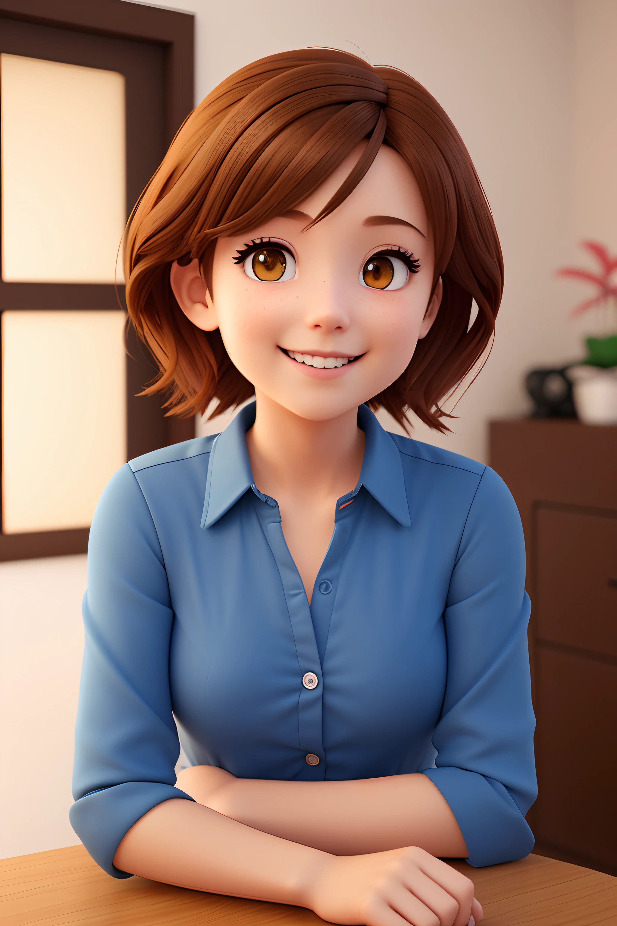 cartoon woman sitting at a table with a smile on her face, render of a cute 3d anime girl, pixar portrait 8 k photo, semi - realistic render, super detailed render, render of april, cute 3 d render, short brown hair and large eyes, smooth anime cg art, promotional render, photorealistic anime girl render, smooth 3d cg render,  full body pose, t-pose body for easy animation, high quality render, high quality shadows, high quality details.