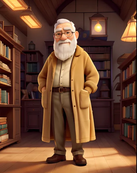 (Old wise man standing in front, illuminated by the light of a lamp, against the backdrop of a library),(portraits),(oil painting),(detailed face, long white beard),(wearing a worn-out robe),(holding a thick book),(surrounded by bookshelves filled with dus...