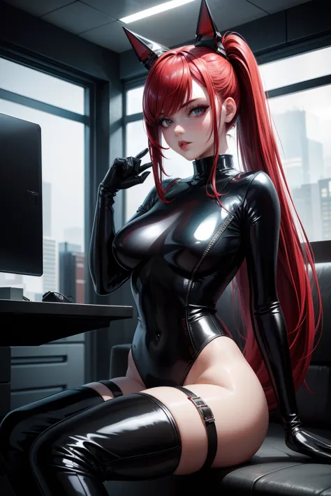 solo, super fine photo, portrait digital art Unreal Engine 5 8K UHD of a girl, concept art, character concept design, fetish clothing, rubber clothes, wearing red latex bodysuit with straps, long black latex gloves with straps, latex high heels, long pony ...