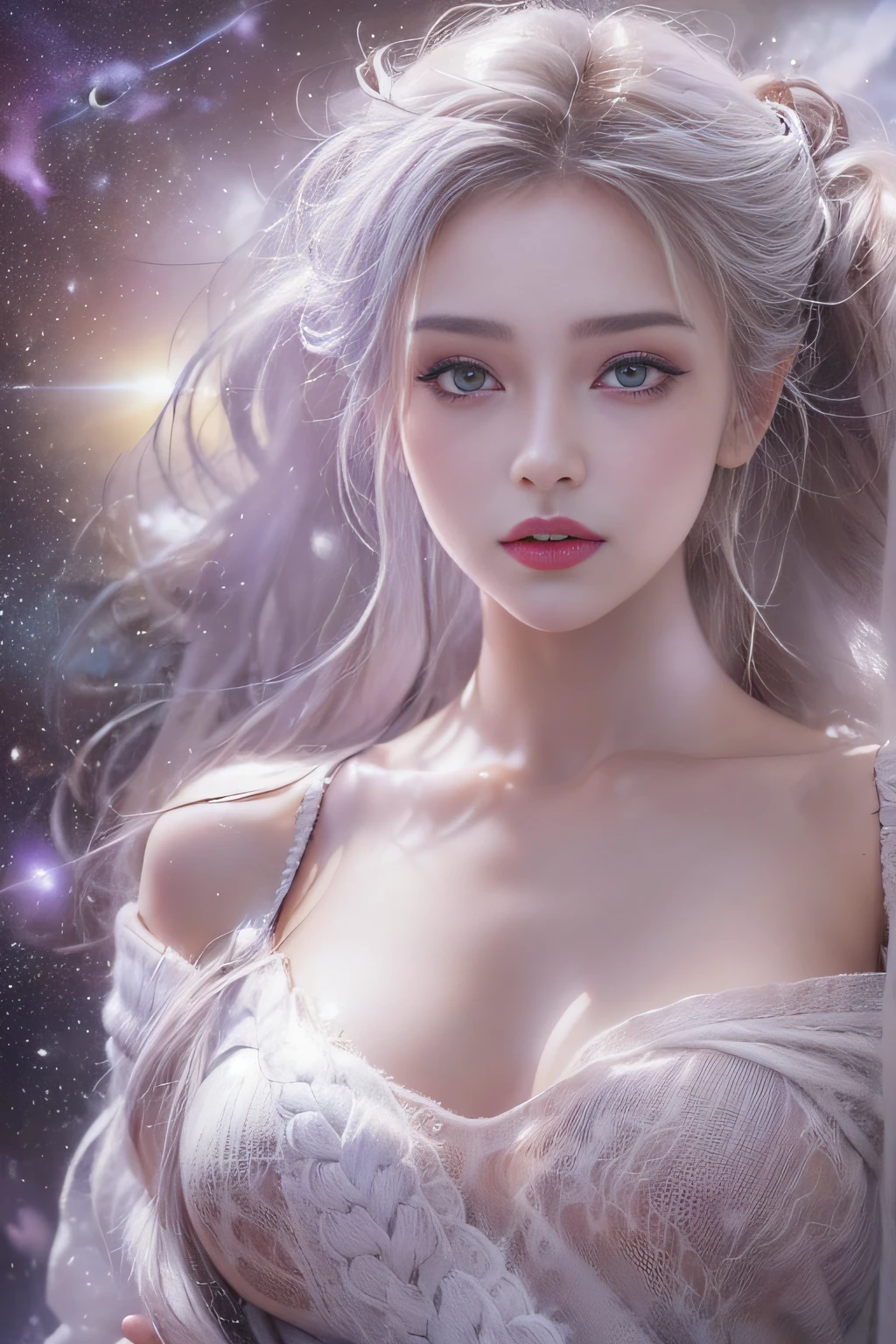 ((tmasterpiece:1.4)、(top-quality:1.4)、(reallistic:1.7))、By Luis Royo（By Luis Royo）Surreal portrait of a beautiful girl、Super beautiful girl、((1girl in:1.4))、Shiny natural skin texture、Authors：By Luis Royo（By Luis Royo）、age19、(Two arms:1.4、Two legs:1.4)、(perfect anatomia:1.4)、(Perfect female body:1.4)、Portrait photo of a girl、Close-up photos、Full body shooting、((masutepiece:1.4), (of the highest quality:1.4), (Realistic:1.7), By Luis Royo, Beautiful Girl, Super beautiful girl, ((1girl in:1. 4), Shiny natural skin texture, Authors: By Luis Royo, 19 years old, (Perfect female body: 1.4), (Perfect female body: 1.) 4), Portrait photo of a girl, Close-up photos, （Full body photo）, Fantasy Art, Soft front light, Beautiful expression, Kawaii face, Beautiful breasts, Large Full Breasted: 1. 2, Beautiful buttocks, Fine eyes, Clear and eye-catching, beautiful and alluring, Beautiful eyes, thin waist, Raw photo, Red lips, ((White hair, Long hair)) , 1 Screen View, ),((Off-the-shoulder hand-knitted sweater))、((Black tight skirt)）、 (sexyposture), (the milky way in the sky),((T-back panties))、((Black garters and garter belts))、(A smile)、((Vaginal orchids)）、((erection)）