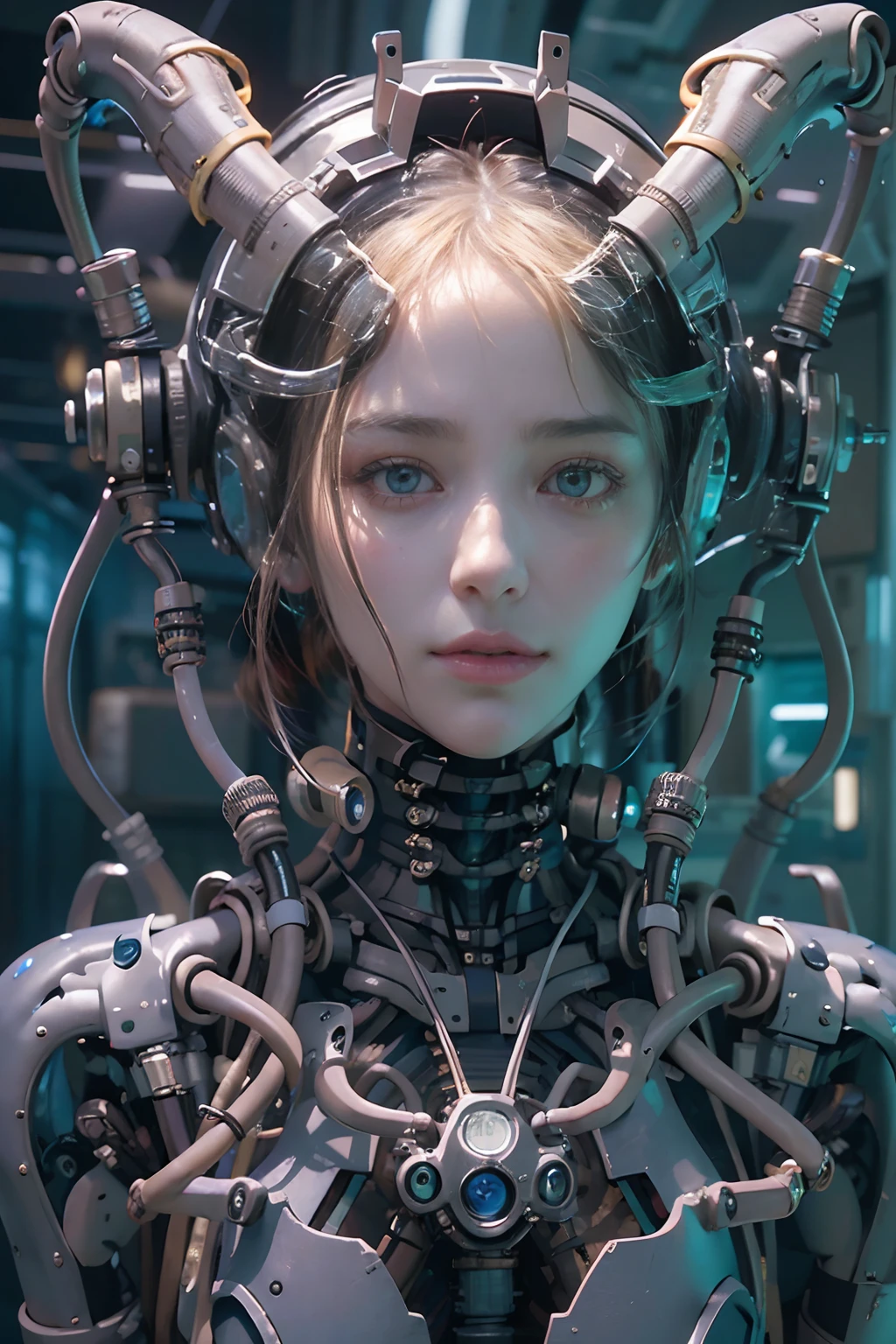 顶级品质, 杰作, 超高分辨率, ((写实肖像: 1.4), AW 的图像, 1 Cyberpunk robot Girl, 有光泽的皮肤, (Ultra realistic Details)), 机械肢体, 连接机械部件的管道, 附在脊柱上的机械脊柱., 颈部机械固定装置, 连接头部的电线和电缆, 新世纪福音战士, ((攻壳机动队)), 小型荧光 LED 灯泡, 全局照明, 深阴影, Octane rendering, 10, 极其锋利, 金属, 玻璃, 透明塑料, 复杂饰物细节, 巴洛克风格细节, 非常复杂的细节, realistic lighting, CGSoation 趋势, 面对摄像机, 霓虹灯细节, (robot machines in the background), h 的艺术作品.r. 吉格尔和阿尔丰斯·穆夏.