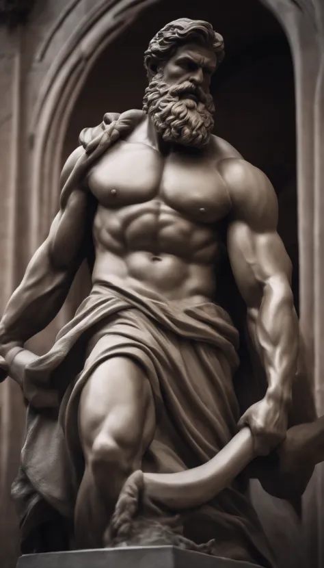 a close up of a statue of a man with a beard, a statue inspired by Exekias, Destaque no Zbrush Central, arte digital, statue of hercules looking angry, muscular character, escultura realista de 8k bernini
