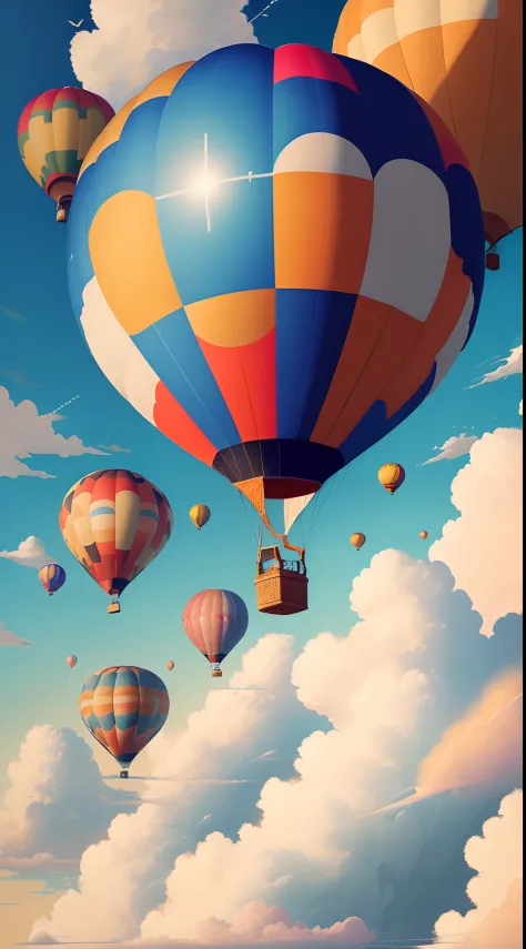 (1 hot air balloon floating in the sky)，Colorful illustrations，mind-blowing views，bird's eyes view，Fantastical Atmosphere，Sunny day，blue-sky，Fluffy clouds，Extraordinary visuals，Professional artwork。(Best quality,4K,8K,A high resolution,Masterpiece:1.2), Ul...