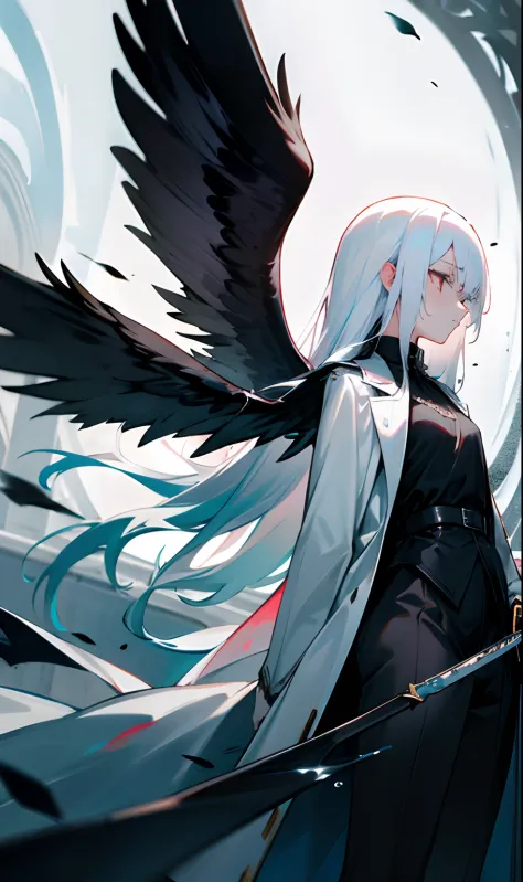 Medium body girl with small breasts with long white hair with blood stains and with black wings holding a beautiful water sword while expressing calm and dead look wearing a black blouse and a white overcoat