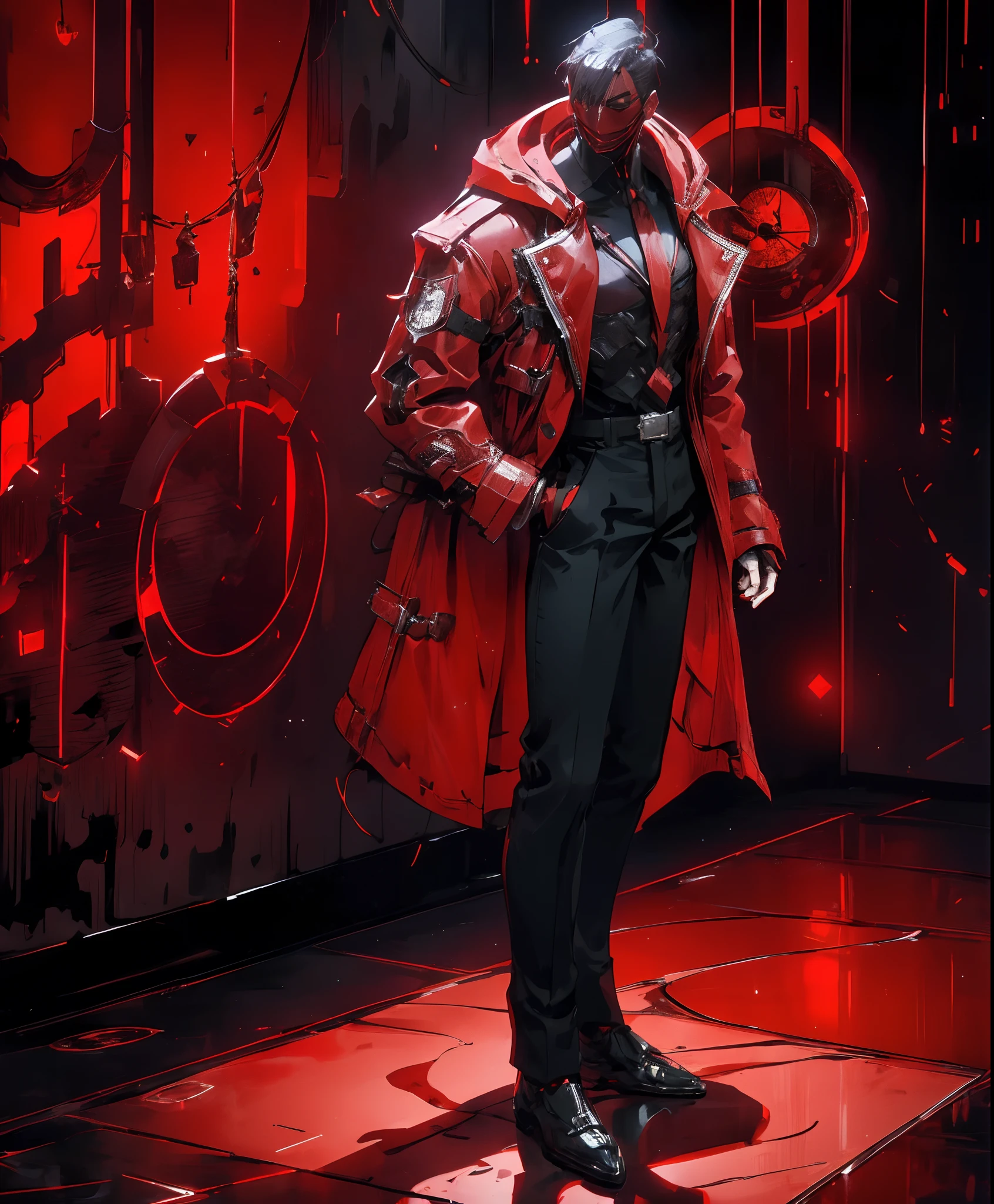 Ein Mann in einer roten Jacke und schwarzen Hosen steht in einem dunklen Raum, trägt die rote Robe eines Kultisten, purpurrote Kleidung, Charakter aus Mortal Kombat, als Charakter in Tekken, Kampfspielcharakter, cyberpunk assassin, Magier mit roter Kapuze, cyberpunk outfits, purpurrote Kleidung, der rote Ninja, trägt eine Assassinenrüstung aus Leder, ein nervöser jugendlicher Mörder, coole rote jacke, cyberpunk street goon