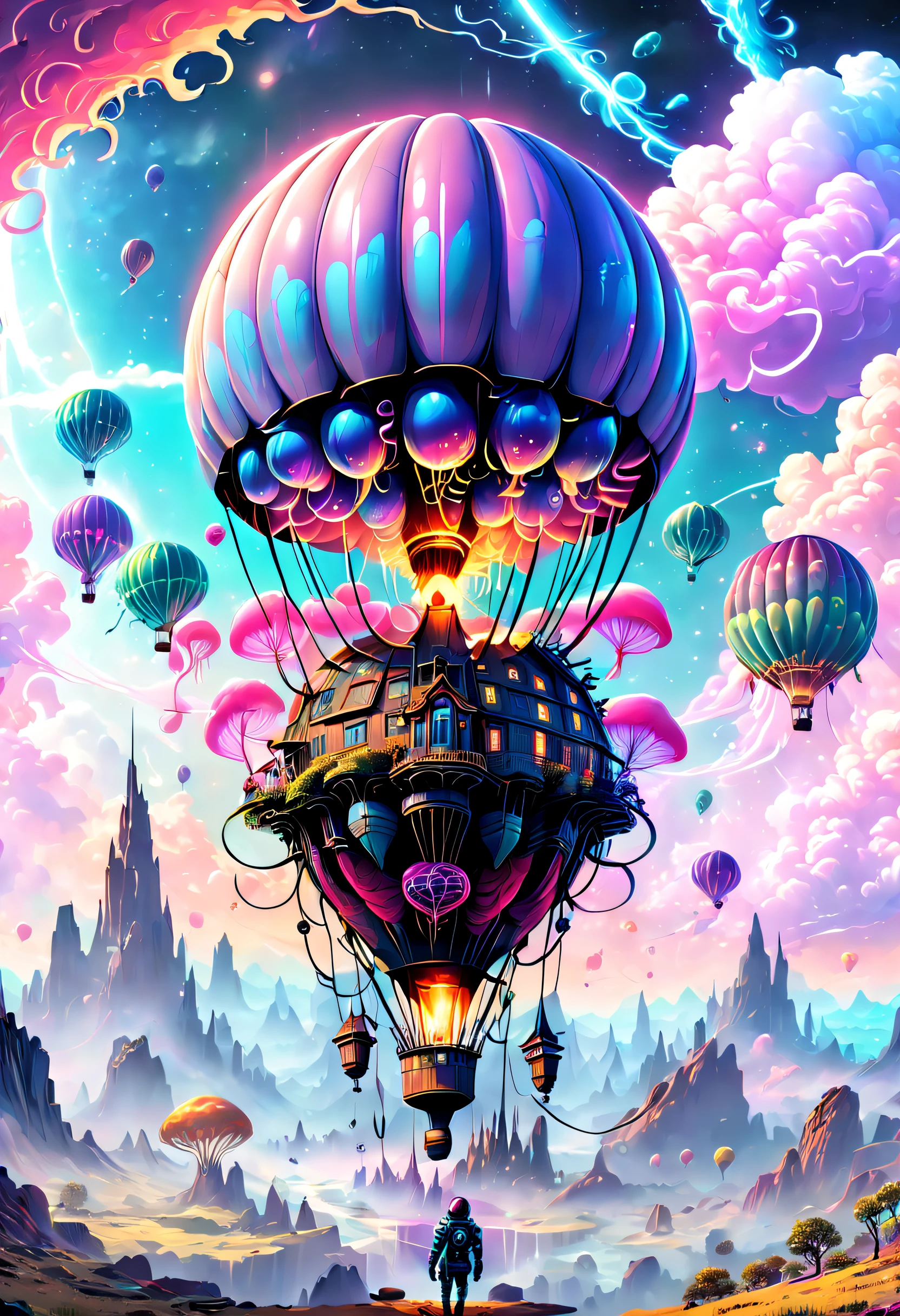 （（杰作，最好的品质）），精美的 8K 超高清专业照片, 清晰聚焦, 在一个令人惊叹的幻想世界中, 未来城市上空的热气球，复古赛博朋克，奇怪的热气球,丰富多彩的,可爱水母形状的热气球，在云里,美丽的天空,超现实主义,史诗般的梦想,童话世界,插图,高质量,3D 渲染,极其详细,真实感,鲜艳的色彩,令人惊叹的灯光，解剖正确，星际穿越，无尽空间，透明的，景深 精美空间图像场景，史诗般的未来科幻小说，8K 精细数字艺术, arstation 和 beeple 高度, 保罗·莱尔和 beeple, 惊人的壁纸, 类似 Beeple 的风格, epic fantasy sci fi 插图, 8k 高品质细节艺术, 丰富多彩的概念艺术, 奇幻绘景，可爱的, 详细的幻想数字艺术, 创辉数字幻想艺术, 4k 高度详细的数字艺术, 详细的数字 2D 幻想艺术, 超现实主义概念艺术, Beeple 和 Jeremiah Ketner, 异想天开的幻想风景艺术, 幻想城市景观