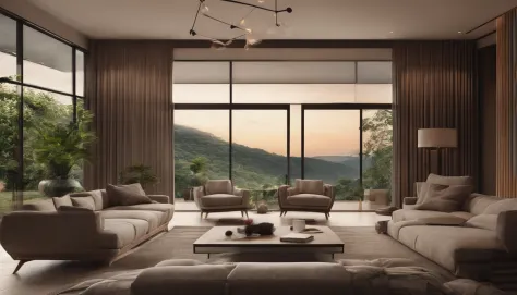 Design a contemporary living room with large windows, elegant furnishings, e uma vista do horizonte da cidade ou da natureza. Papel de parede 8K