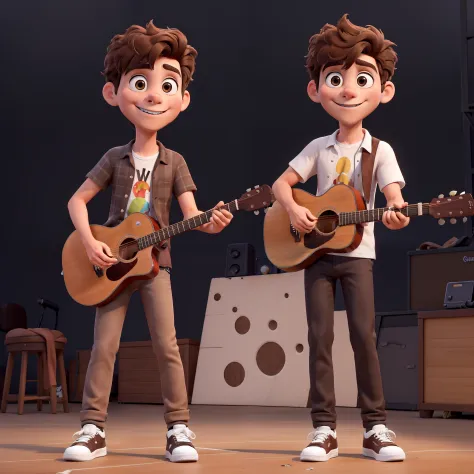 Obra-prima, de melhor qualidade, A brown-haired musician, topete grande, playing guitar on the stage, Black color shirt and pants and white sneakers