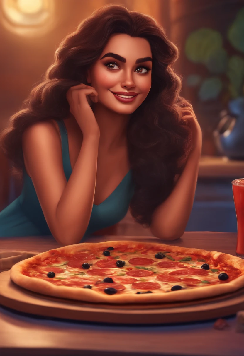 A cartoon girl sitting at a table with a pizza and a drink - SeaArt AI