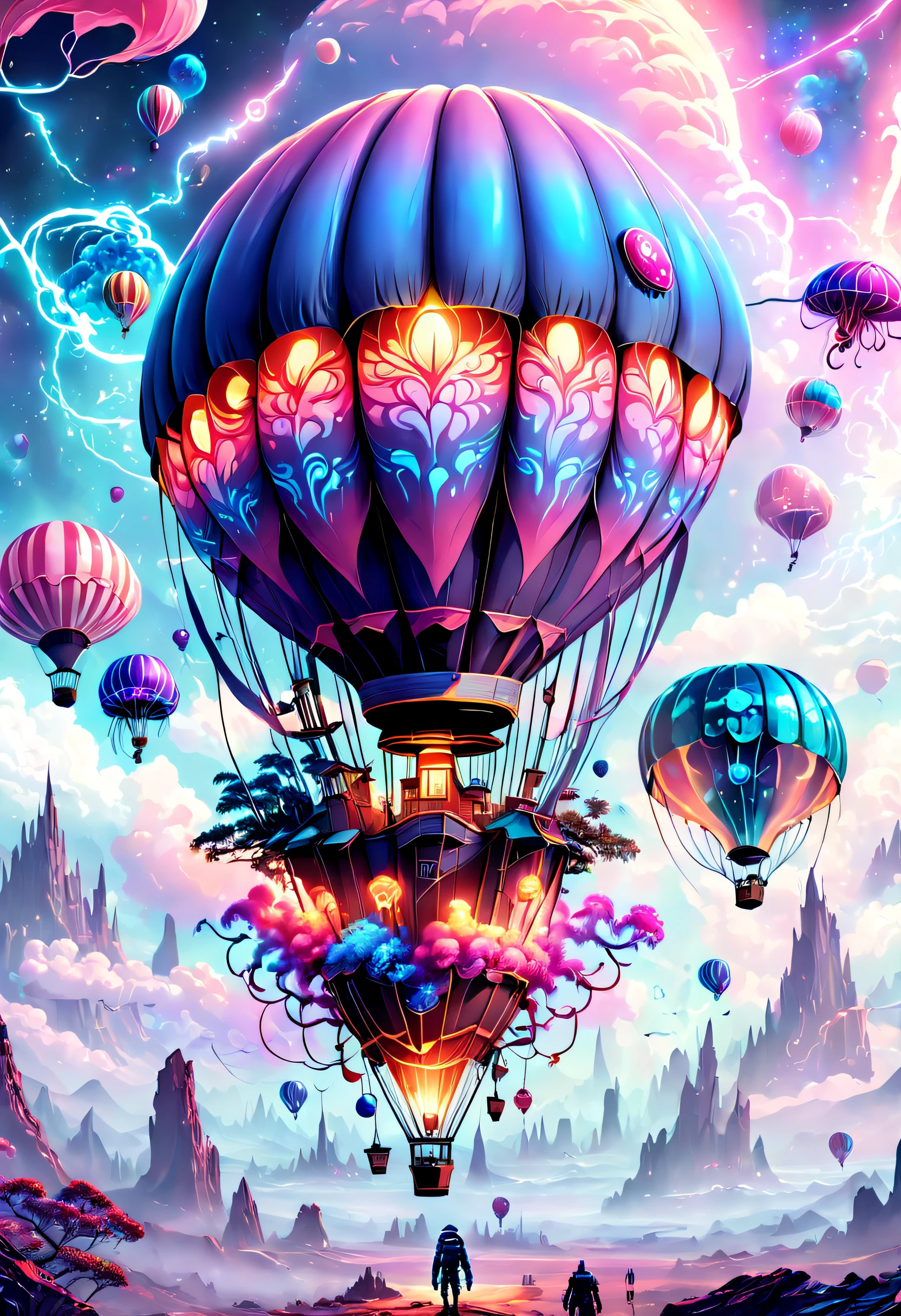 （（杰作，最好的品质）），精美的 8K 超高清专业照片, 清晰聚焦, 在一个令人惊叹的幻想世界中, 未来城市上空的热气球，复古赛博朋克，奇怪的热气球,丰富多彩的,可爱水母形状的热气球，在云里,美丽的天空,超现实主义,史诗般的梦想,童话世界,插图,高质量,3D 渲染,极其详细,真实感,鲜艳的色彩,令人惊叹的灯光，解剖正确，星际穿越，无尽空间，透明的，景深 精美空间图像场景，史诗般的未来科幻小说，8K 精细数字艺术, arstation 和 beeple 高度, 保罗·莱尔和 beeple, 惊人的壁纸, 类似 Beeple 的风格, epic fantasy sci fi 插图, 8k 高品质细节艺术, 丰富多彩的概念艺术, 奇幻绘景，可爱的, 详细的幻想数字艺术, 创辉数字幻想艺术, 4k 高度详细的数字艺术, 详细的数字 2D 幻想艺术, 超现实主义概念艺术, Beeple 和 Jeremiah Ketner, 异想天开的幻想风景艺术, 幻想城市景观