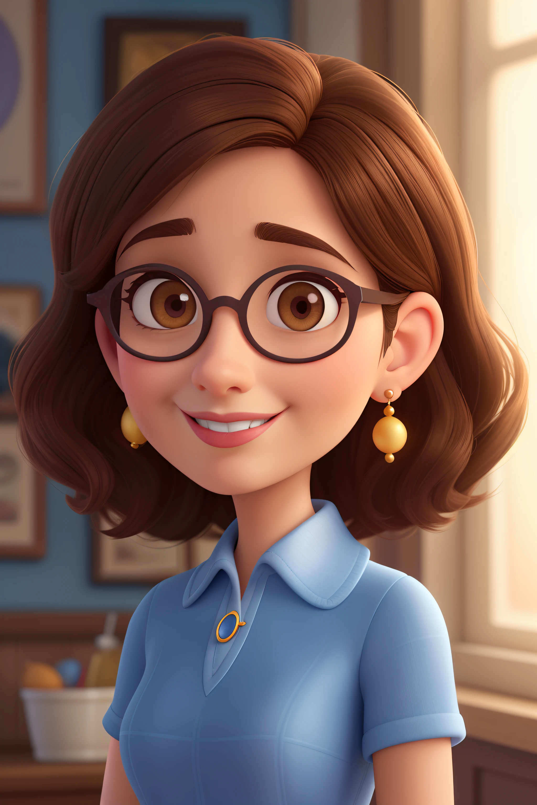 Create 54 year old woman, pixar-disney style, straight dark brown hair length to the shoulders, pretty round face shape, highlighted light honey colored eyes, small thin nose, normal mouth shape without exaggeration, half oval shaped glasses in light brown color with dark mixes, smile. Wearing a dark blouse in blue tones, tiny earrings, Disney pixar style.