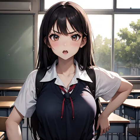 in 8K、top-quality、​masterpiece、ultra-detailliert、Ultra-high resolution、Anime style、1 schoolgirl、‎Classroom、angry