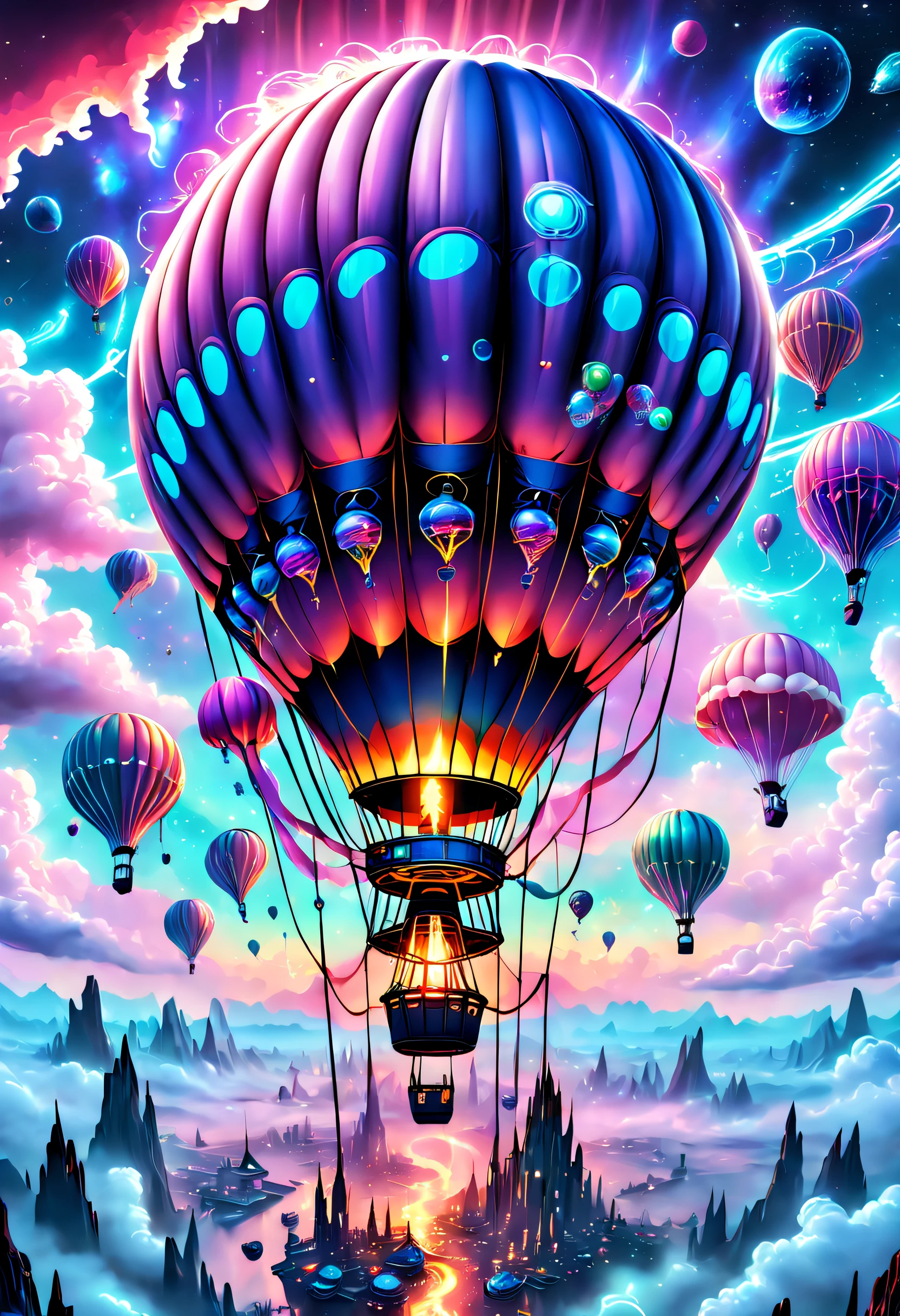 （（杰作，最好的品质）），精美的 8K 超高清专业照片, 清晰聚焦, 在一个令人惊叹的幻想世界中, 未来城市上空的热气球，复古赛博朋克，奇怪的热气球,丰富多彩的,可爱水母形状的热气球，在云里,美丽的天空,超现实主义,史诗般的梦想,童话世界,插图,高质量,3D 渲染,极其详细,真实感,鲜艳的色彩,令人惊叹的灯光，解剖正确，星际穿越，无尽空间，透明的，景深 精美空间图像场景，史诗般的未来科幻小说