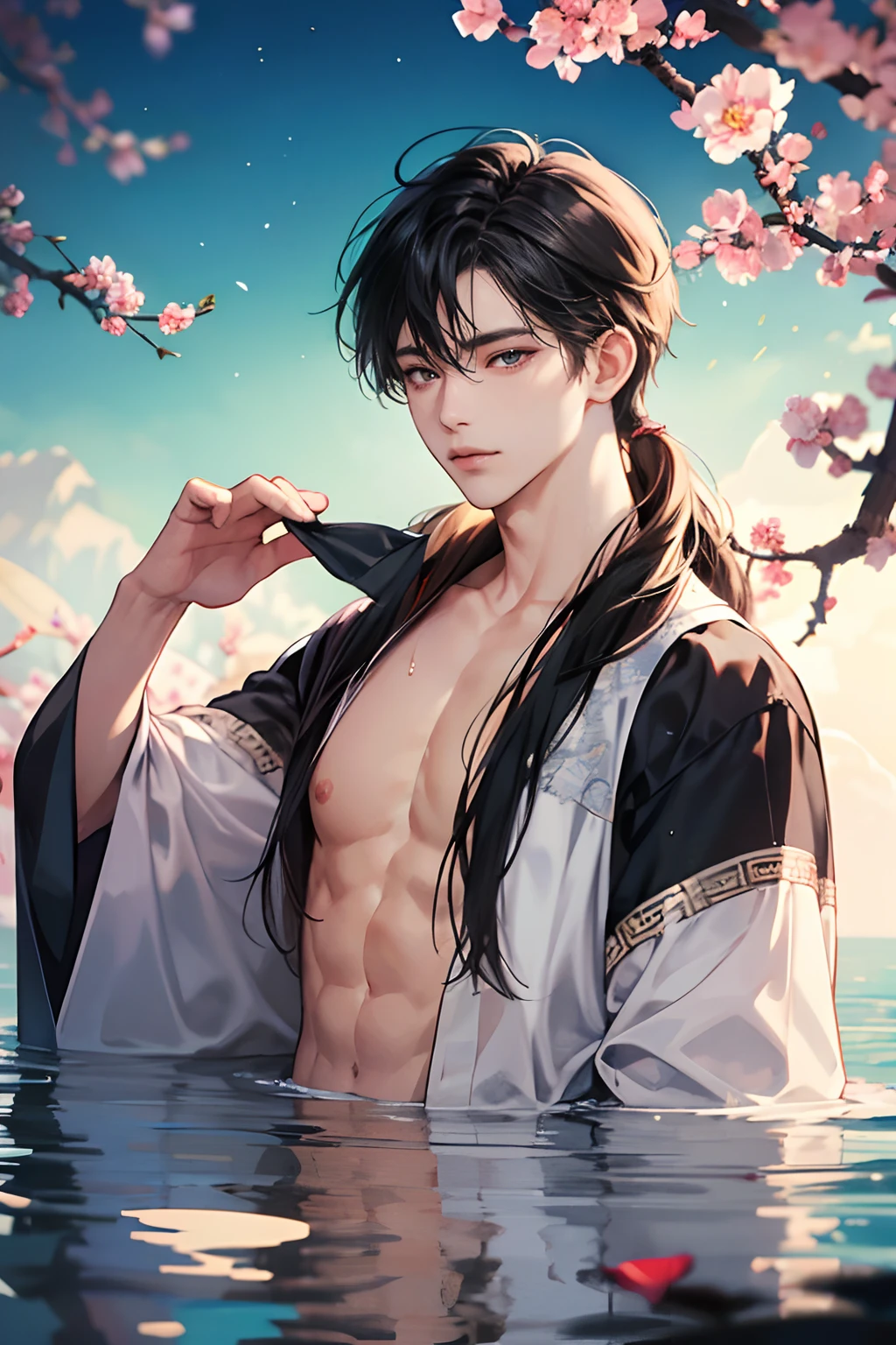 1 boy, Young male, Detailed eyes and faces, Perfect male body, face to camera, (long hair, half body in water, Topless, bathe in hot spring, wet hair and body),portrait, Chinese clothing, China Landscape, Outdoor, peach blossoms, pine trees, color difference, Depth of field, dramatic shadow, Ray tracing, Best quality, Cinematic lighting, Extremely detailed CG, 8k wallpaper,