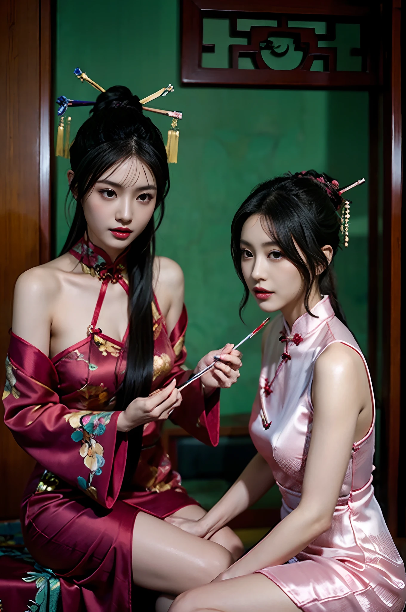 qualité d&#39;image de haut niveau、Comme une photo avec un reflex、Corps Sensuel,Cuisses、fente、Peinture d&#39;une œuvre d&#39;art représentant deux femmes en cheongsam traditionnel assises ensemble,duo,lorgnant:1.3,Ornement de cheveux chinois:1.4,Épingles à cheveux chinoises:1.4,Bâtons à cheveux chinois:1.4