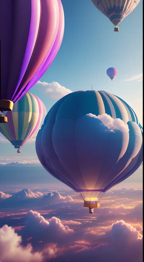 （（tmasterpiece，best qualtiy）），Beautiful 8K Ultra HD professional photos, Sharp focus, In a stunning fantasy world, Hot air balloons fly over this futuristic city，Retro cyberpunk，Strange hot air balloons,Colorful,A hot air balloon in the shape of a cute jel...