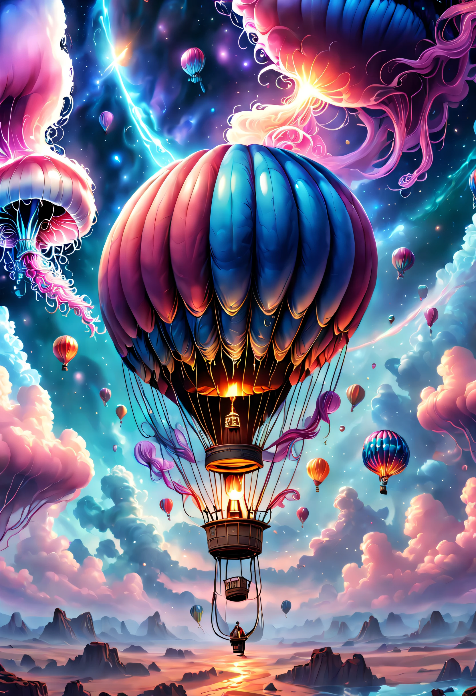 （（杰作，最好的品质）），精美的 8K 超高清专业照片, 清晰聚焦, 在一个令人惊叹的幻想世界中, 奇怪的热气球,丰富多彩的,可爱水母形状的热气球，在云里,美丽的天空,超现实主义,史诗般的梦想,童话世界,插图,高质量,3D 渲染,极其详细,真实感,鲜艳的色彩,令人惊叹的灯光，解剖正确，星际穿越，无尽空间，透明的，景深 精美空间图像场景
