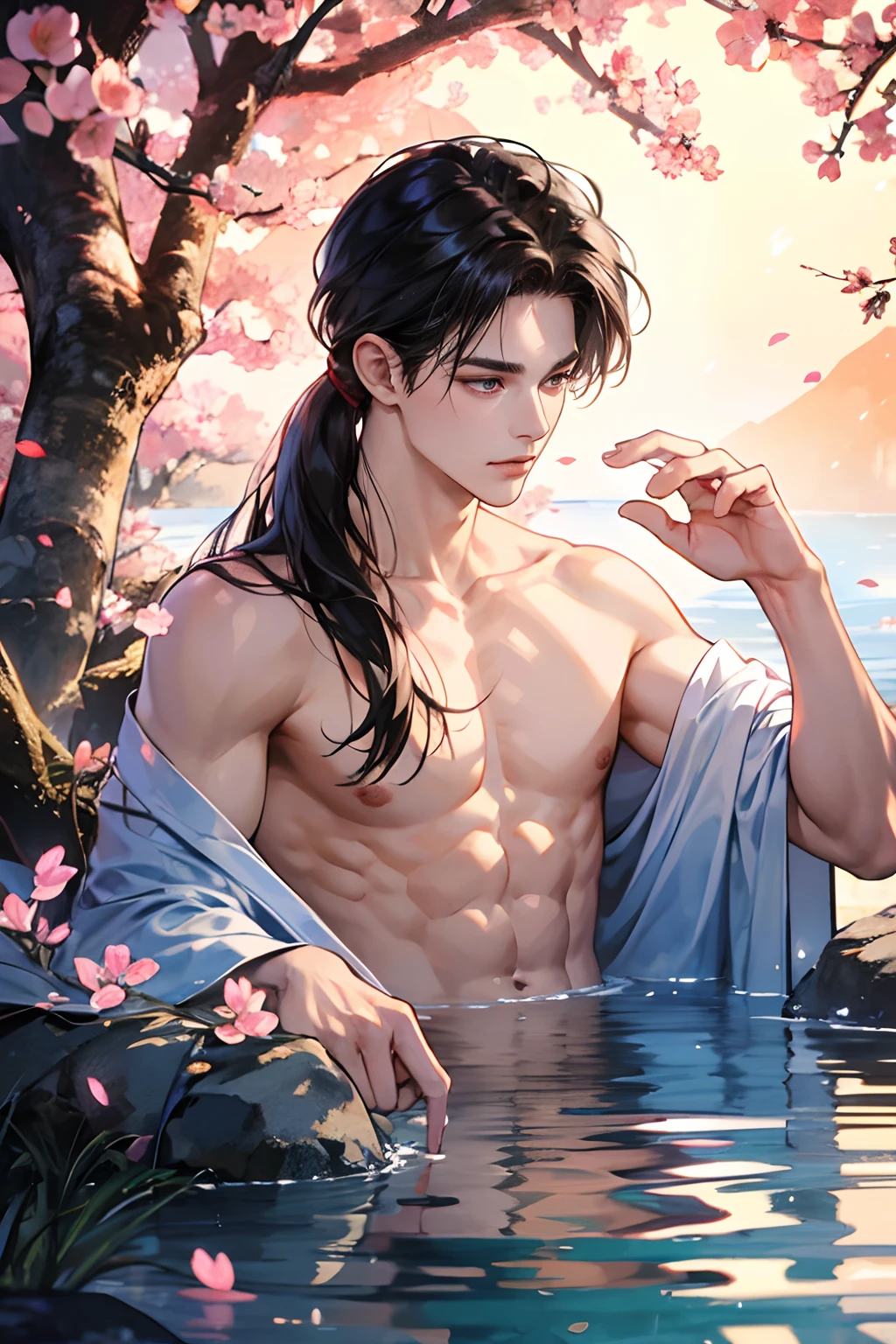 1 boy, Young male, Detailed eyes and faces, Perfect male body, face to camera, (long hair, half body in water, Topless, bathe in hot spring, wet hair and body),portrait, Chinese clothing, China Landscape, Outdoor, peach blossoms, pine trees, clothes floating in water, color difference, Depth of field, dramatic shadow, Ray tracing, Best quality, Cinematic lighting, Extremely detailed CG, 8k wallpaper,