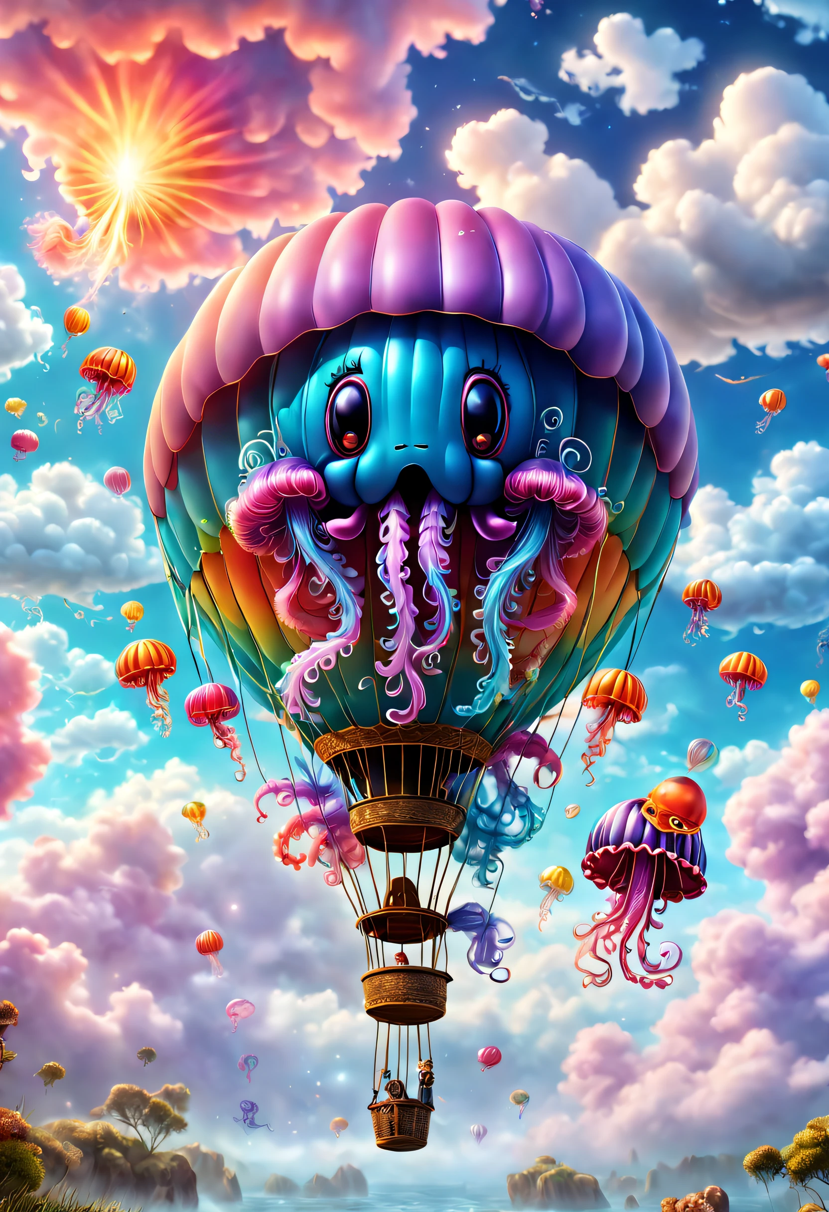 Une étrange montgolfière,Coloré,Une montgolfière en forme de méduse mignonne，dans les nuages,beau ciel,surréaliste,Des rêves épiques,un monde féerique,illustration,Haute qualité,Rendu 3D de,ultra-détaillé,Photoréaliste,couleurs vives,éclairage époustouflant