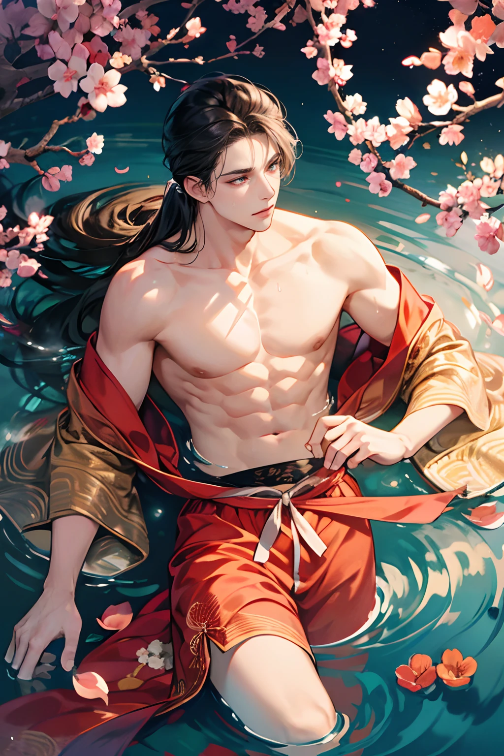 1 boy, Young male, Detailed eyes and faces, Perfect male body, face to camera, (long hair, half body in water, Topless, bathe in hot spring, wet hair and body),portrait, Chinese clothing, China Landscape, Outdoor, peach blossoms, pine trees, clothes floating in water, color difference, Depth of field, dramatic shadow, Ray tracing, Best quality, Cinematic lighting, Extremely detailed CG, 8k wallpaper,