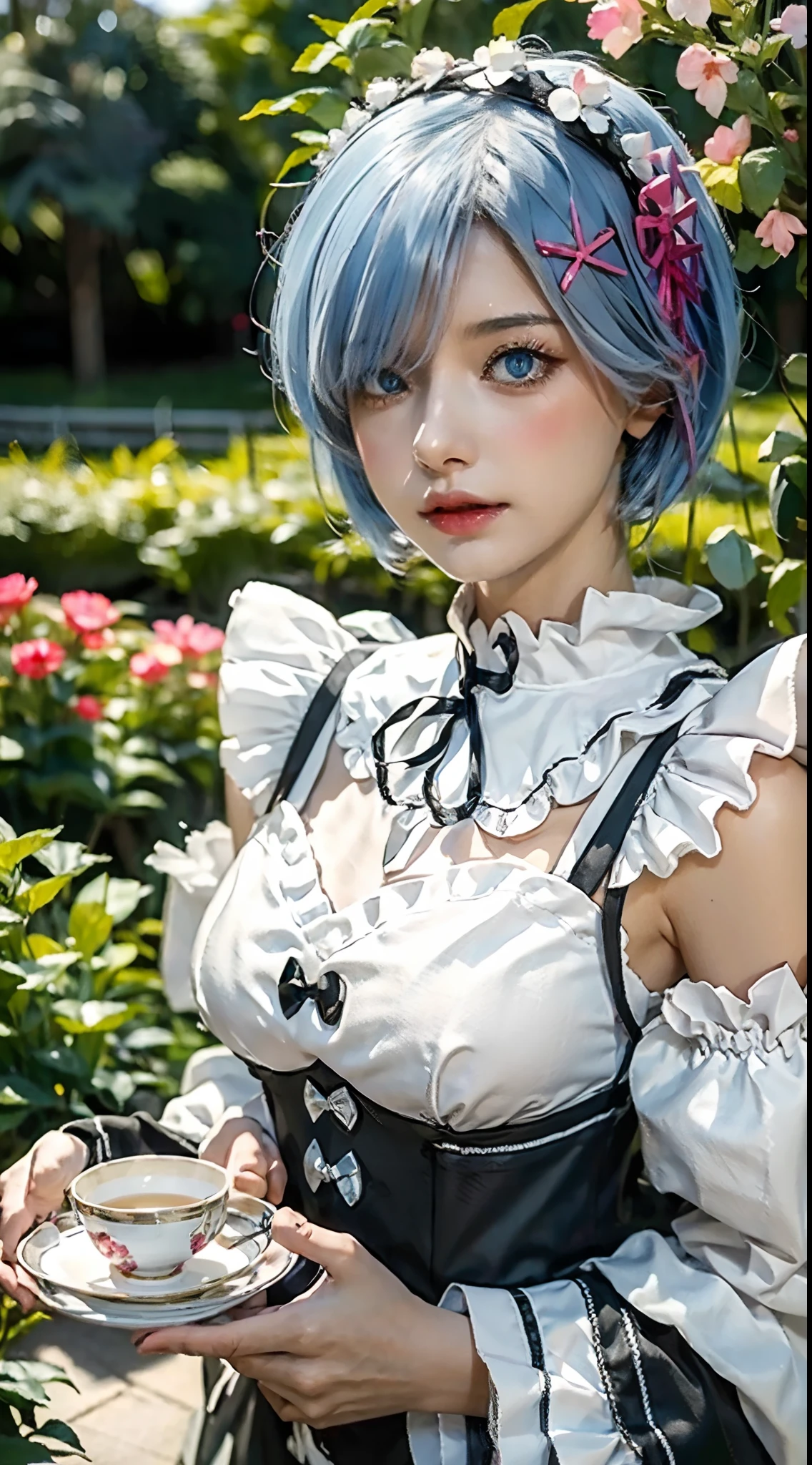 (best quality, highres, realistic:1.37), rem from Re:zero, blue short hair, black and white maid uniform, beautiful detailed eyes, beautiful detailed lips, long eyelashes, cute and innocent appearance, holding a tray with tea cups, surrounded by flowers in a garden, soft and warm lighting, vibrant colors, anime style