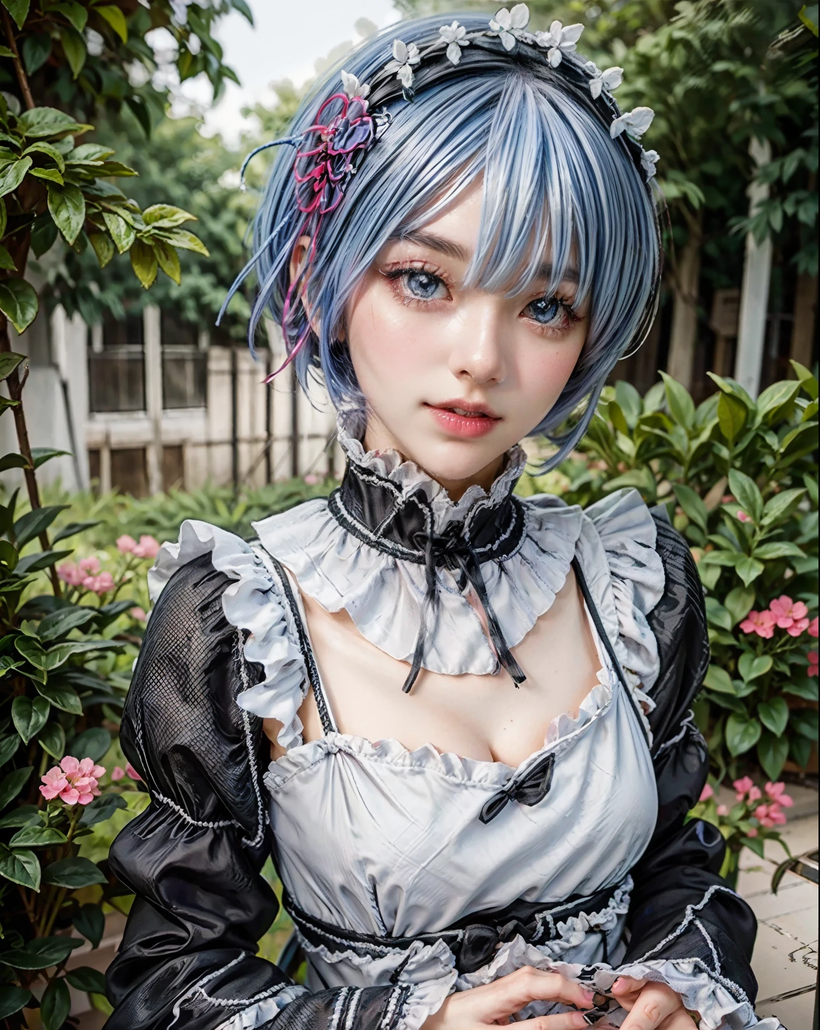 (best quality, highres, realistic:1.37), rem from Re:zero, blue short hair, black and white maid uniform, beautiful detailed eyes, beautiful detailed lips, long eyelashes, cute and innocent appearance, holding a tray with tea cups, surrounded by flowers in a garden, soft and warm lighting, vibrant colors, anime style
