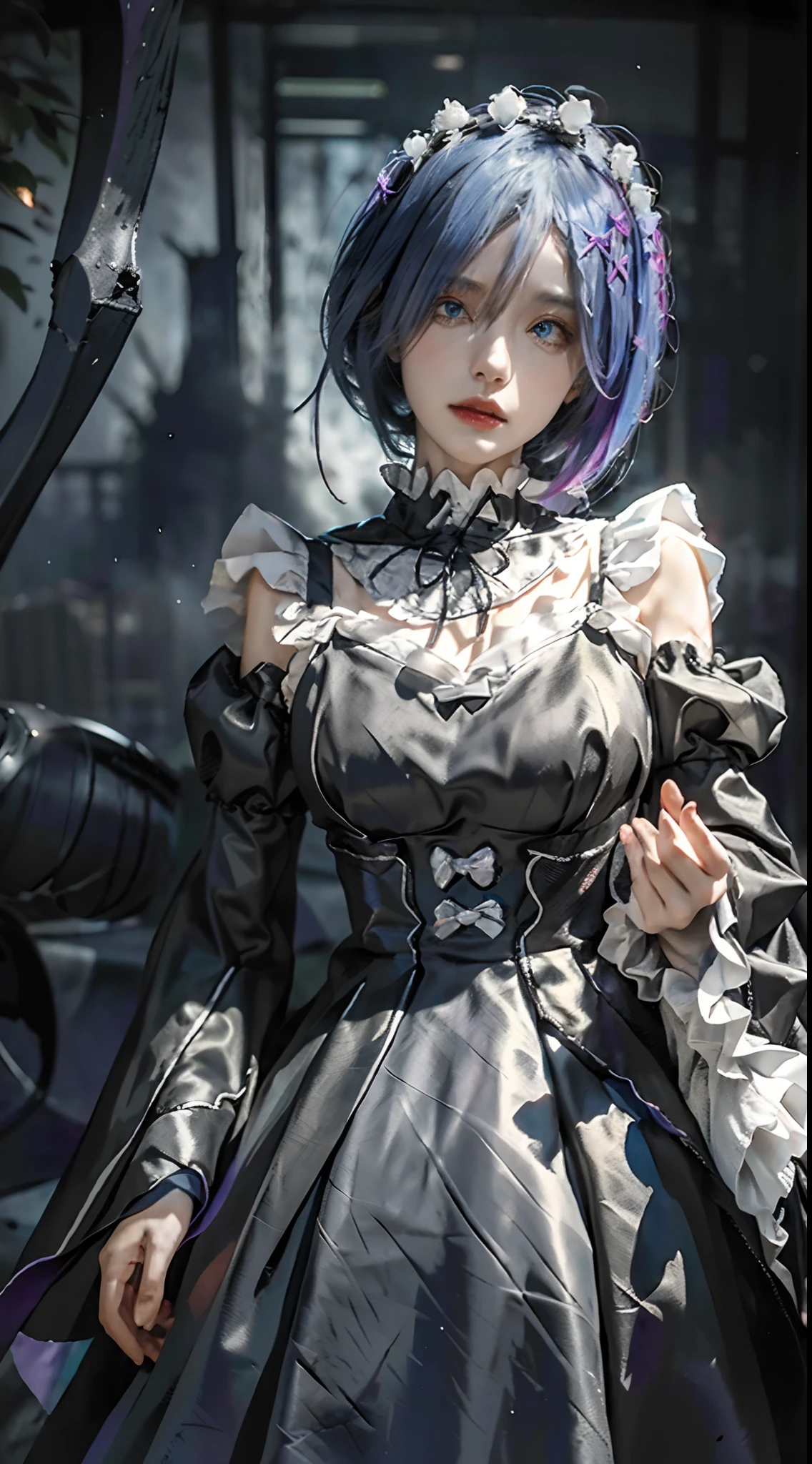 (a beautiful young female cosplayer,cosplaying Rem from the anime Re:Zero,realistic),(full body,close shot),black and white maid costume,blue short hair,(best quality,photo-realistic:1.37),(highres,masterpiece:1.2),(ultra-detailed),(realistic,photorealistic:1.37),(HDR,UHD),(studio lighting),(vivid colors),(bokeh),(halloween background),(horror),(cosplay costume),(detailed facial expression),(flowing hair),(intense gaze),(mystical atmosphere),(spooky ambiance),(elegant pose),(dark lighting),(colorful shadows),(sinister mood),(moonlit night),(autumn colors),(creepy surroundings),(misty effect),(enchanted feel),(foggy environment),(ominous aura),(mysterious aura),(dramatic contrast),(cosplay makeup),(sharp focus),(detailed accessories)